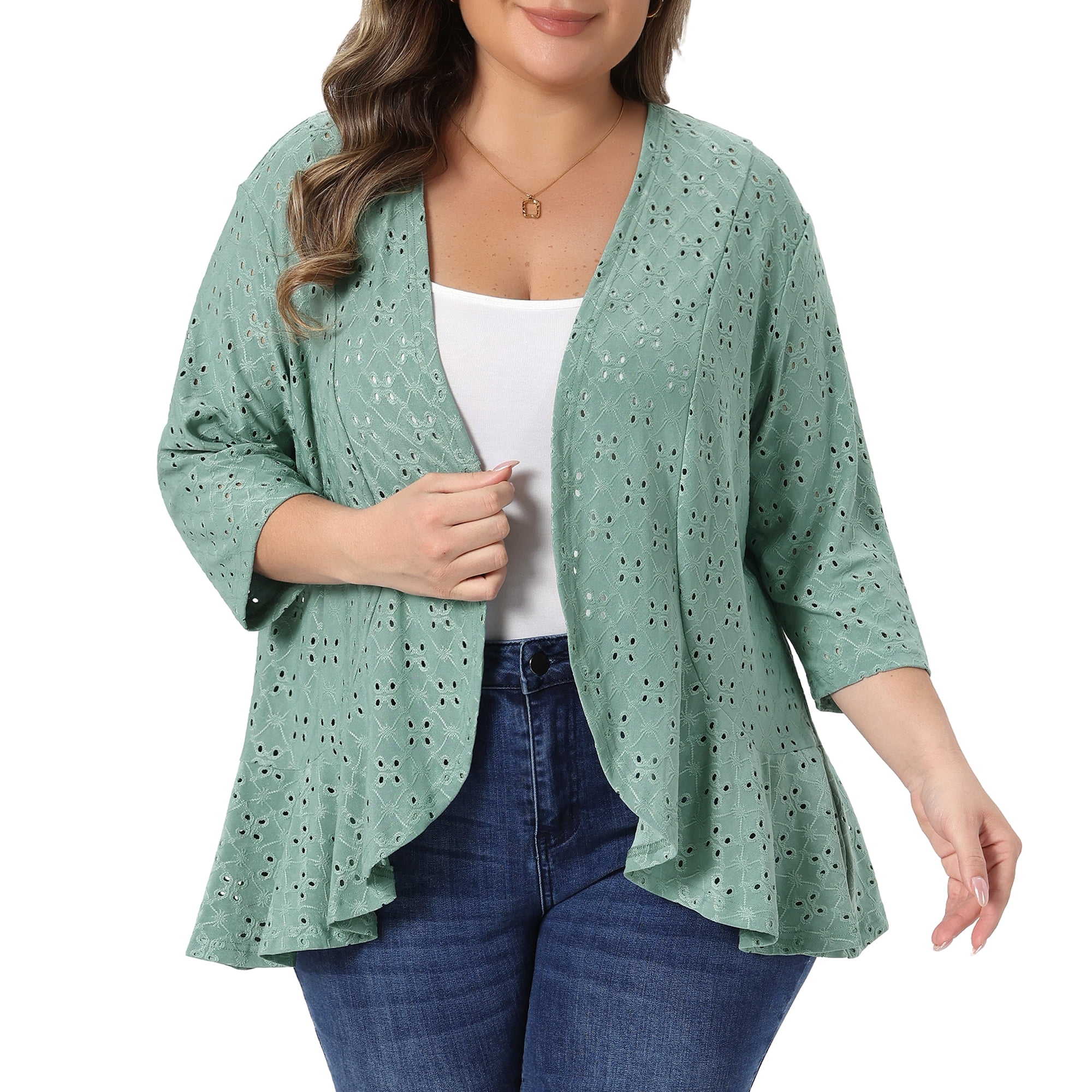 DARING DIVA Women's Plus Open Front 3/4 Sleeve Draped Ruffle Cover Up 3X Green