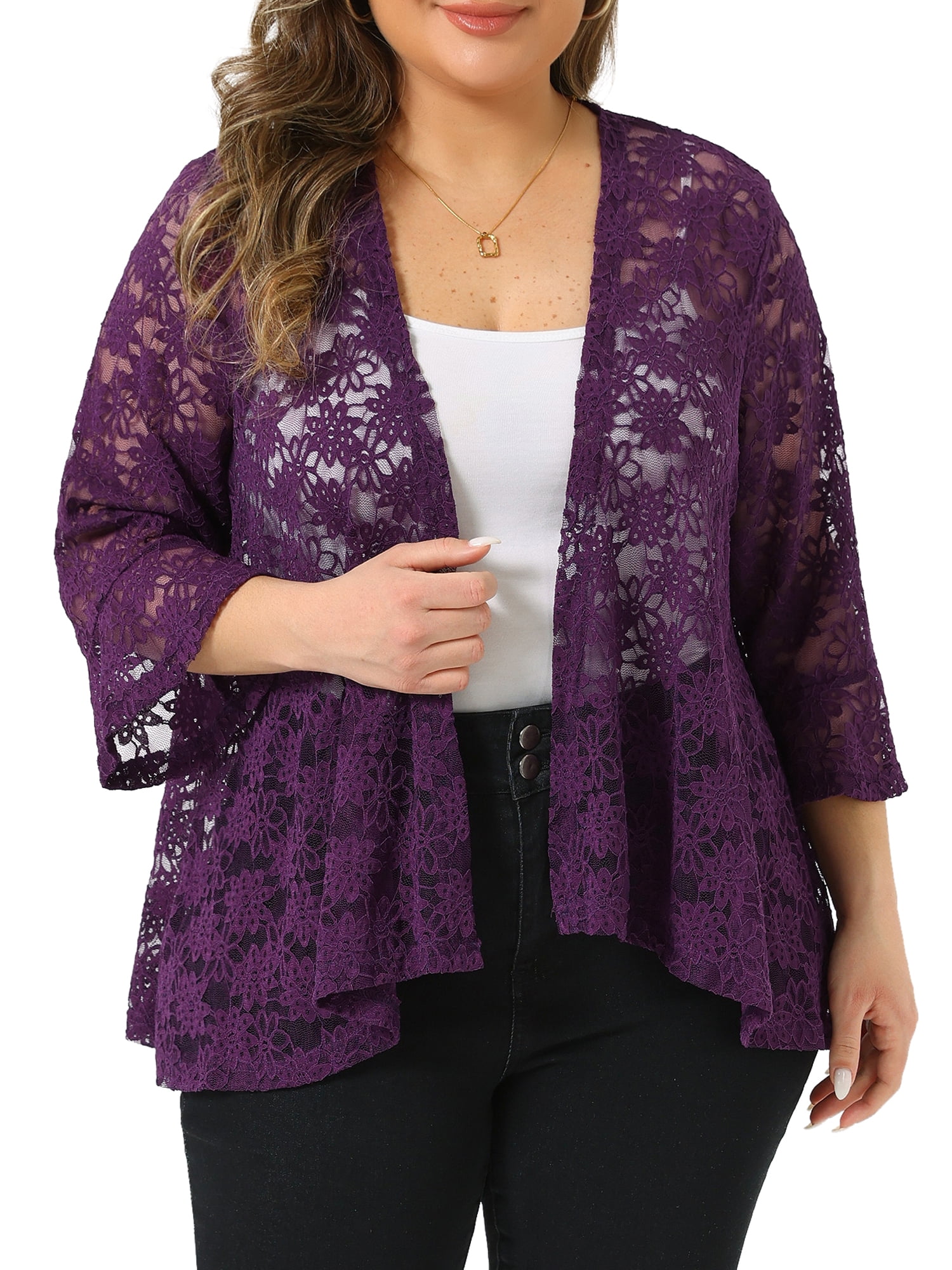 DARING DIVA Women's Plus Size Open Front 3/4 Sleeve Sheer Lace Cardigan 2X Dark Purple