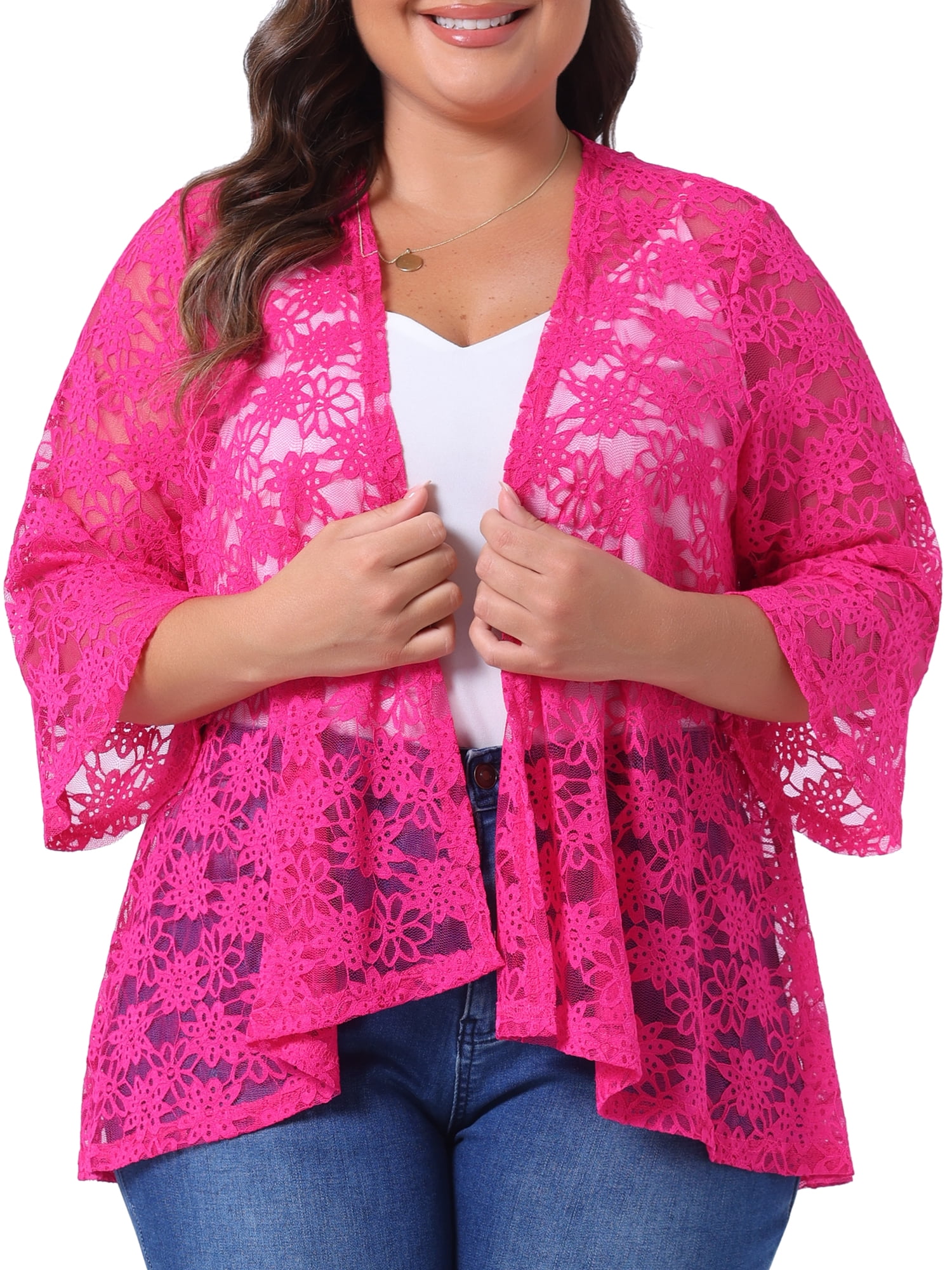 DARING DIVA Women's Plus Size Open Front 3/4 Sleeve Sheer Lace Cardigan L Hot Pink