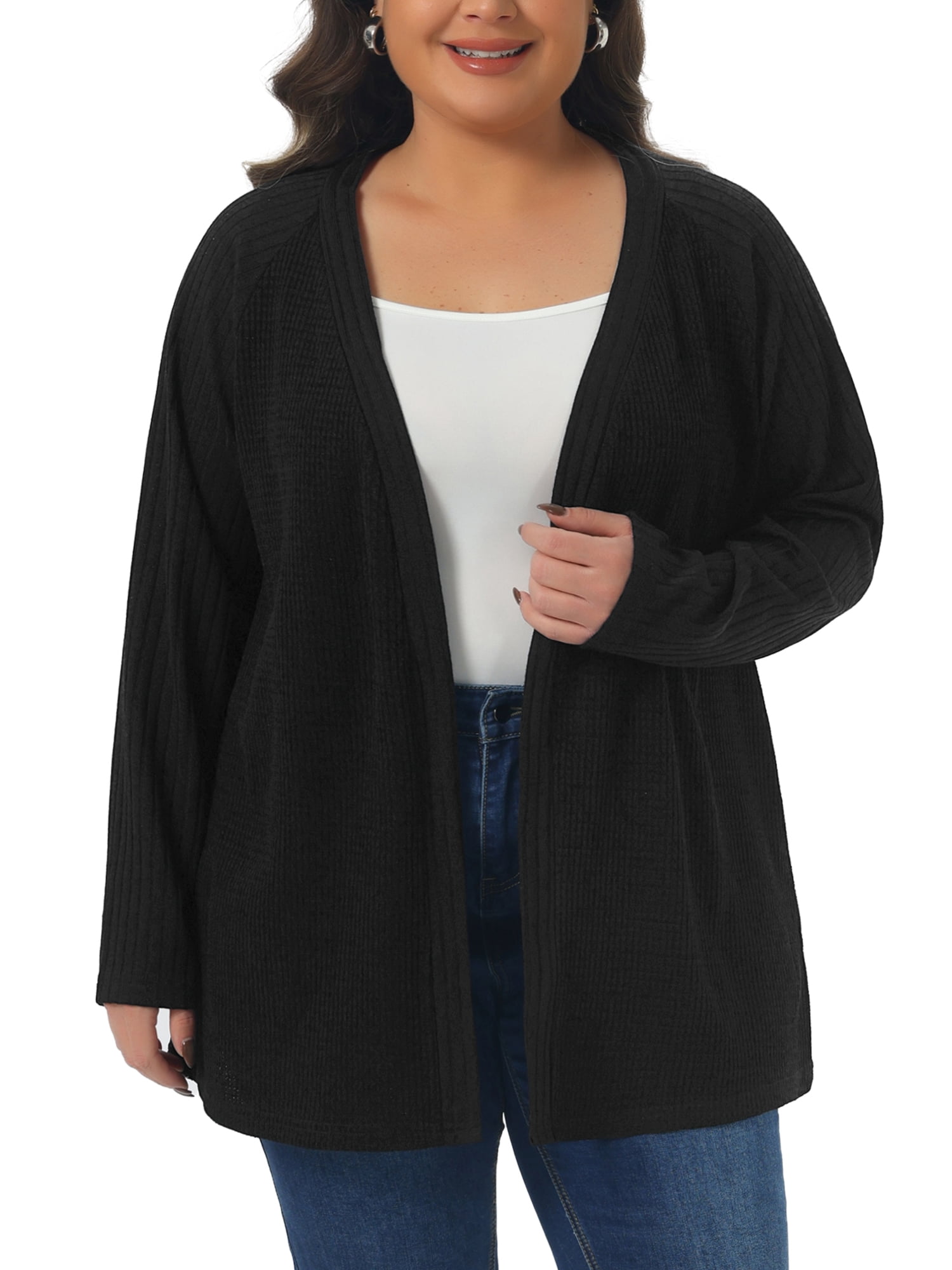 DARING DIVA Women's Plus Open Front Long Sleeve Lightweight Cardigans 2X Black