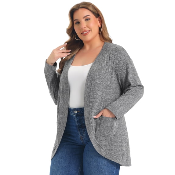 DARING DIVA Women's Plus Open Front Long Sleeve Ribbed Cardigan 1X Gray