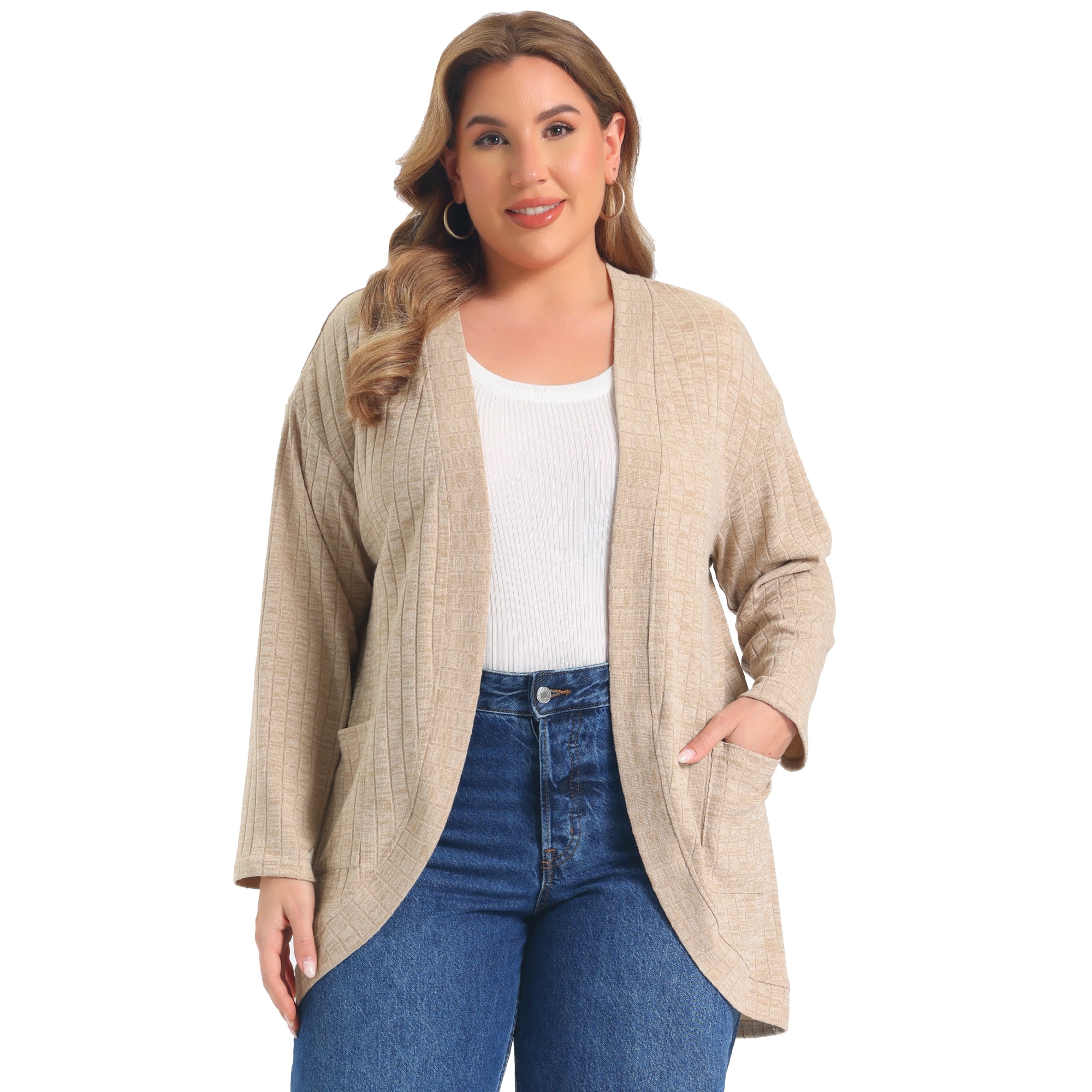 DARING DIVA Women's Plus Open Front Long Sleeve Ribbed Cardigan 4X Beige