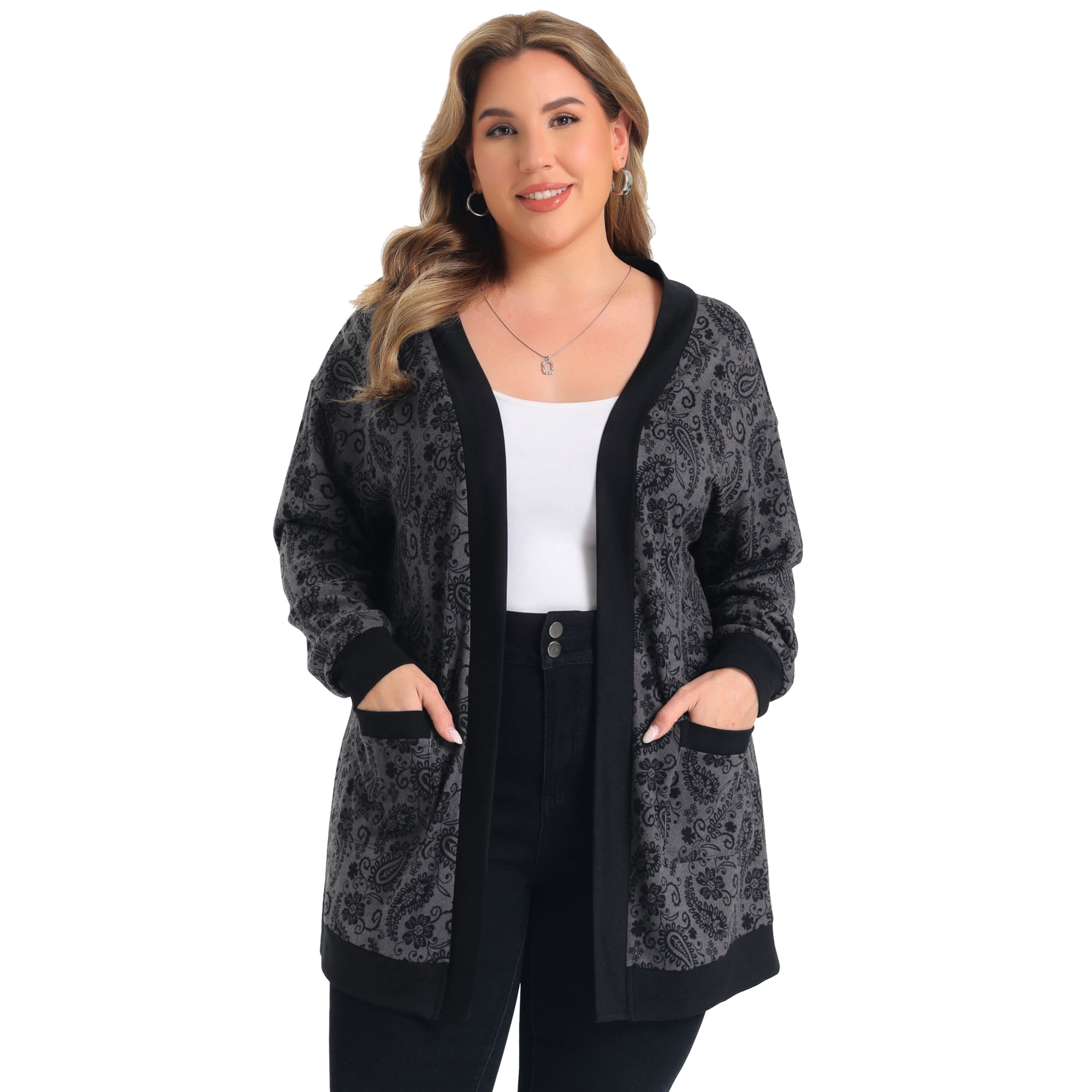 DARING DIVA Women's Plus Open Front Long Sleeve with Cardigan 1X Gray