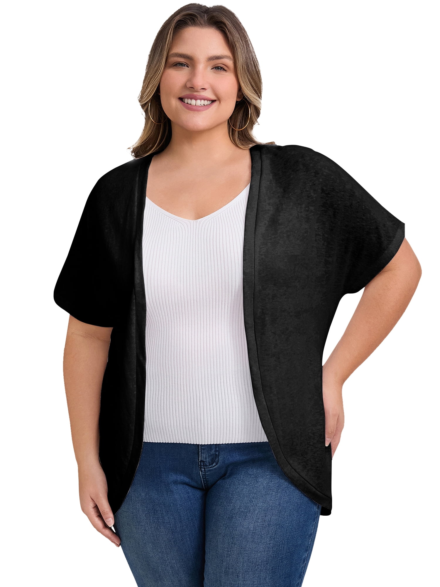 DARING DIVA Women's Plus Open Front Loose Fit Knit Curved Hem Cardigan 3X Black