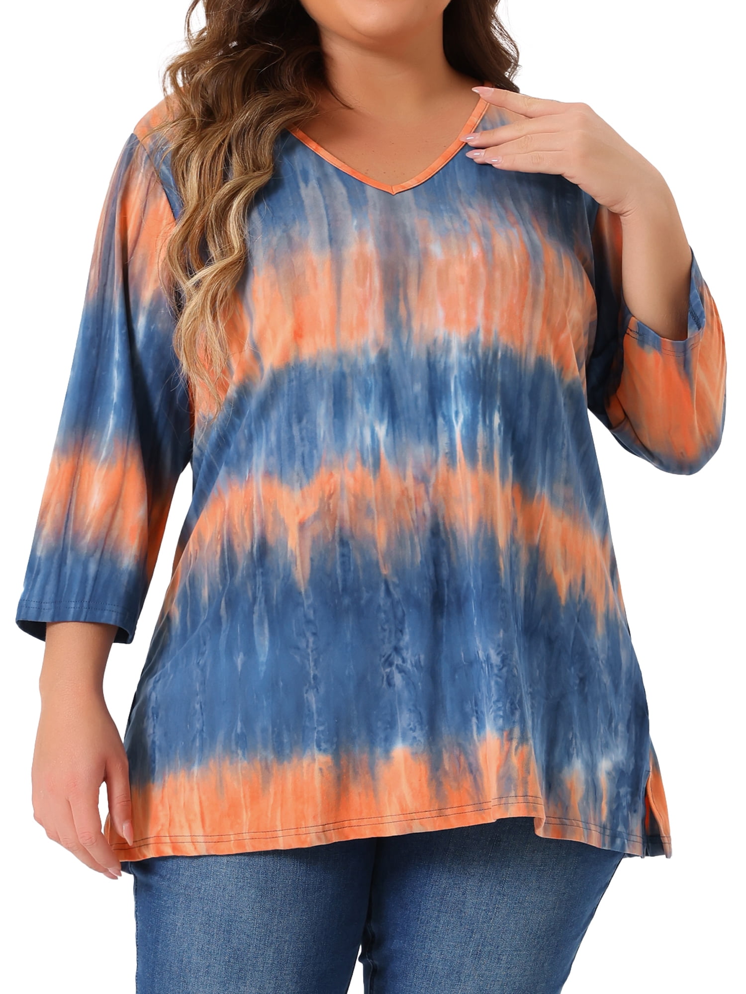 Unique Bargains Women's Plus Size V Neck 3/4 Sleeve Striped Tie Dye Blouse 1X Blue Orange