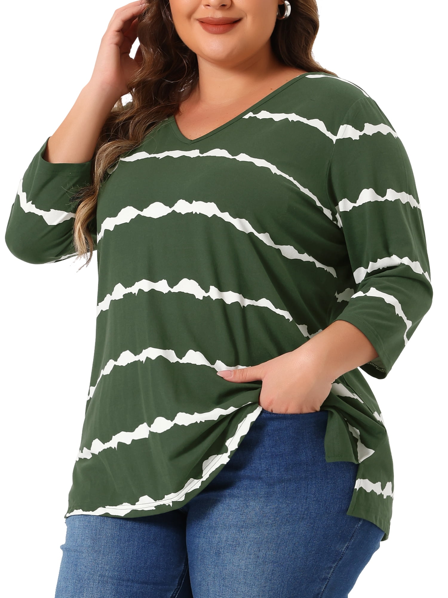 Unique Bargains Women's Plus Size V Neck 3/4 Sleeve Striped Tie Dye Blouse 1X Dark Green