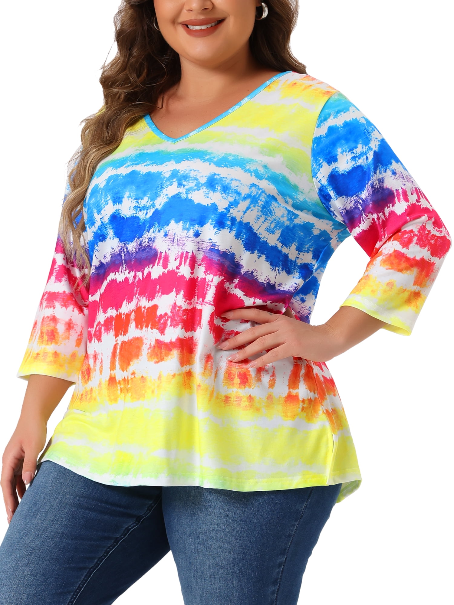 Unique Bargains Women's Plus Size V Neck 3/4 Sleeve Striped Tie Dye Blouse 1X Rainbow