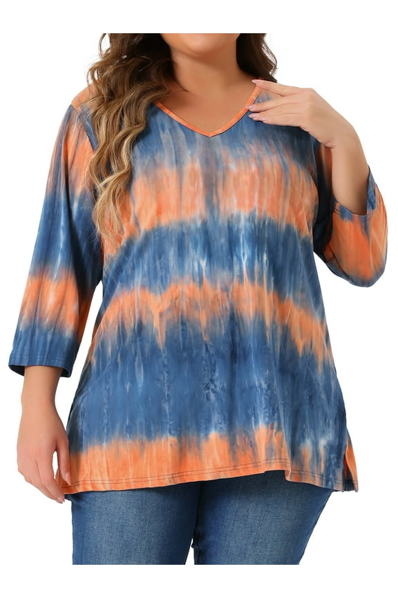 DARING DIVA Women's Plus Outfits Tie Dye V Neck 3/4 Sleeve Tops 2X Blue Orange