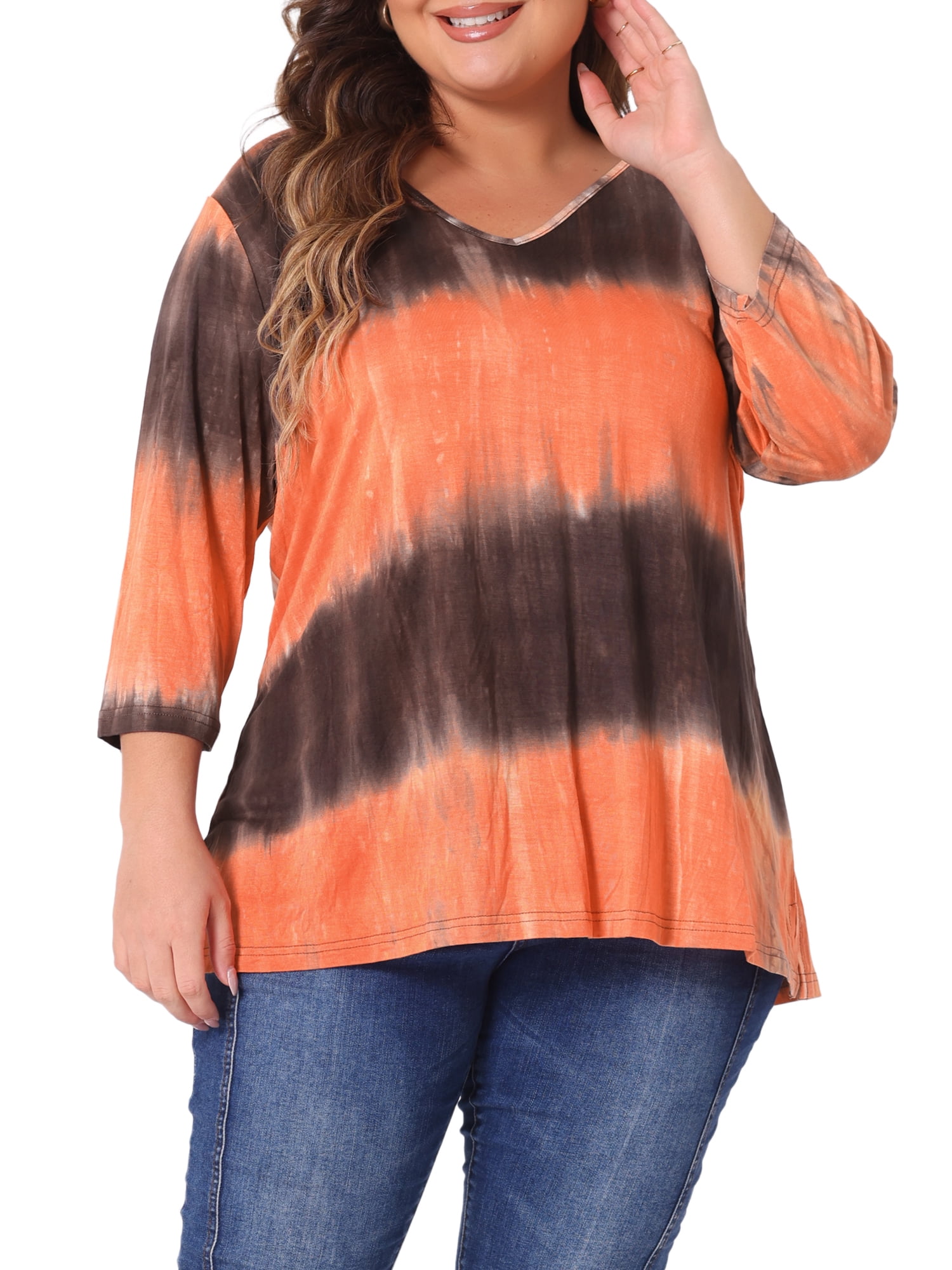 Unique Bargains Women's Plus Size V Neck 3/4 Sleeve Striped Tie Dye Blouse 4X Orange