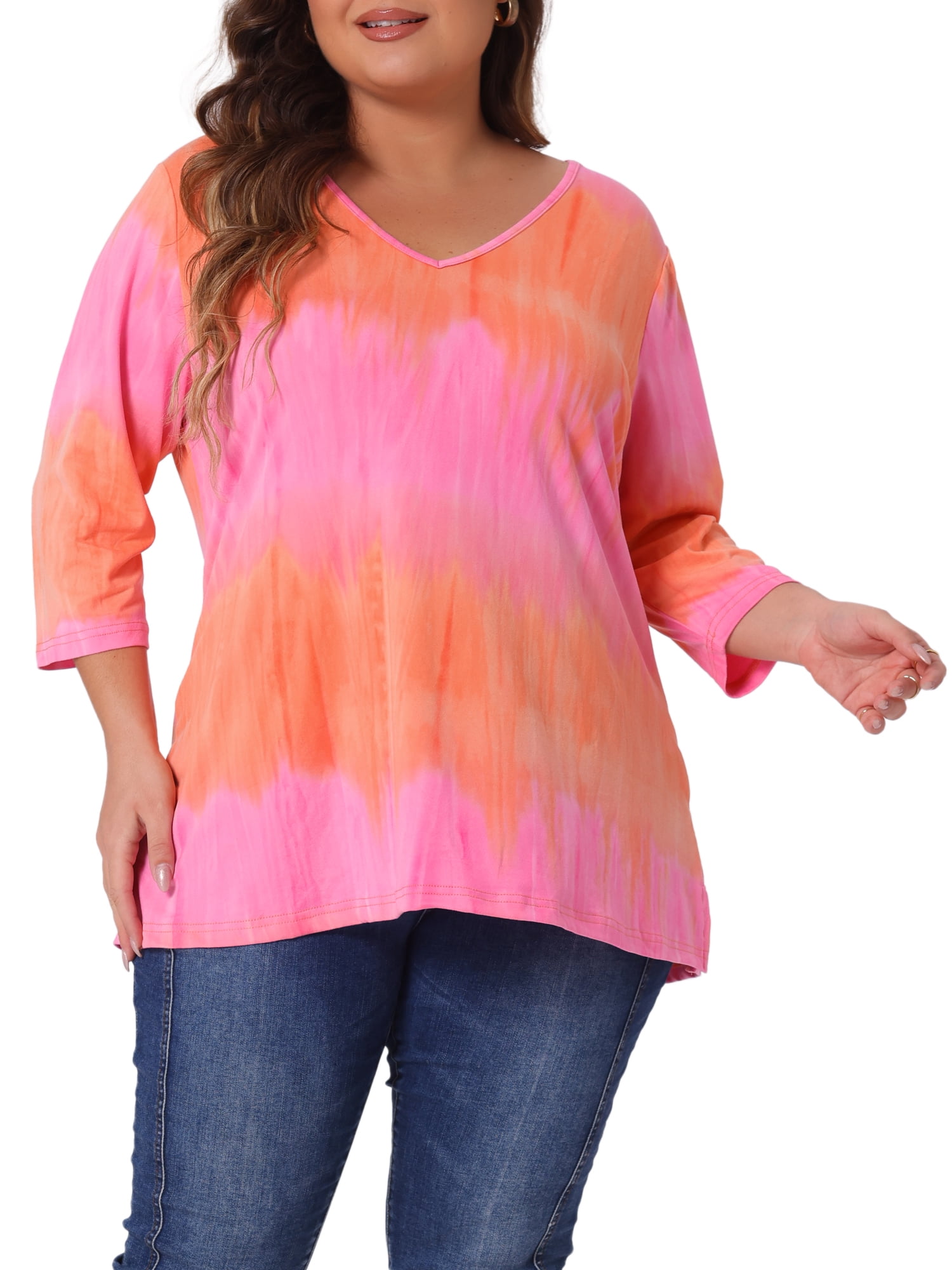 Unique Bargains Women's Plus Size V Neck 3/4 Sleeve Striped Tie Dye Blouse 4X Pink