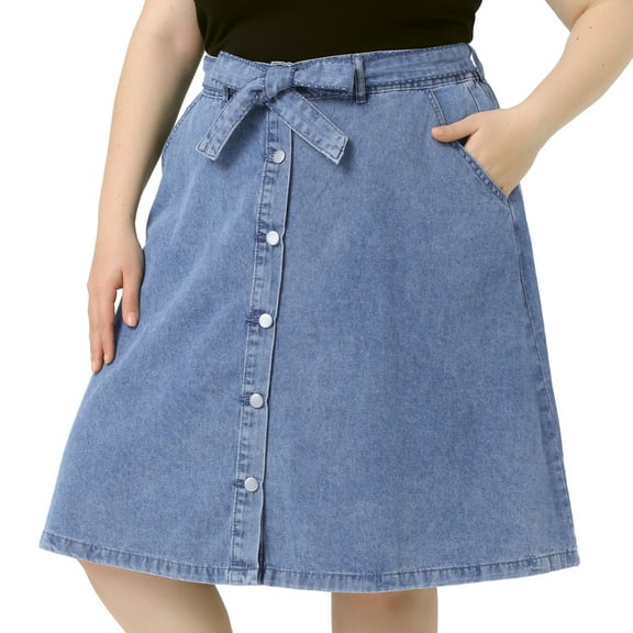 DARING DIVA Women's Plus Outfits Tie Waist Button Front Midi Denim Skirt 1X Grey Blue