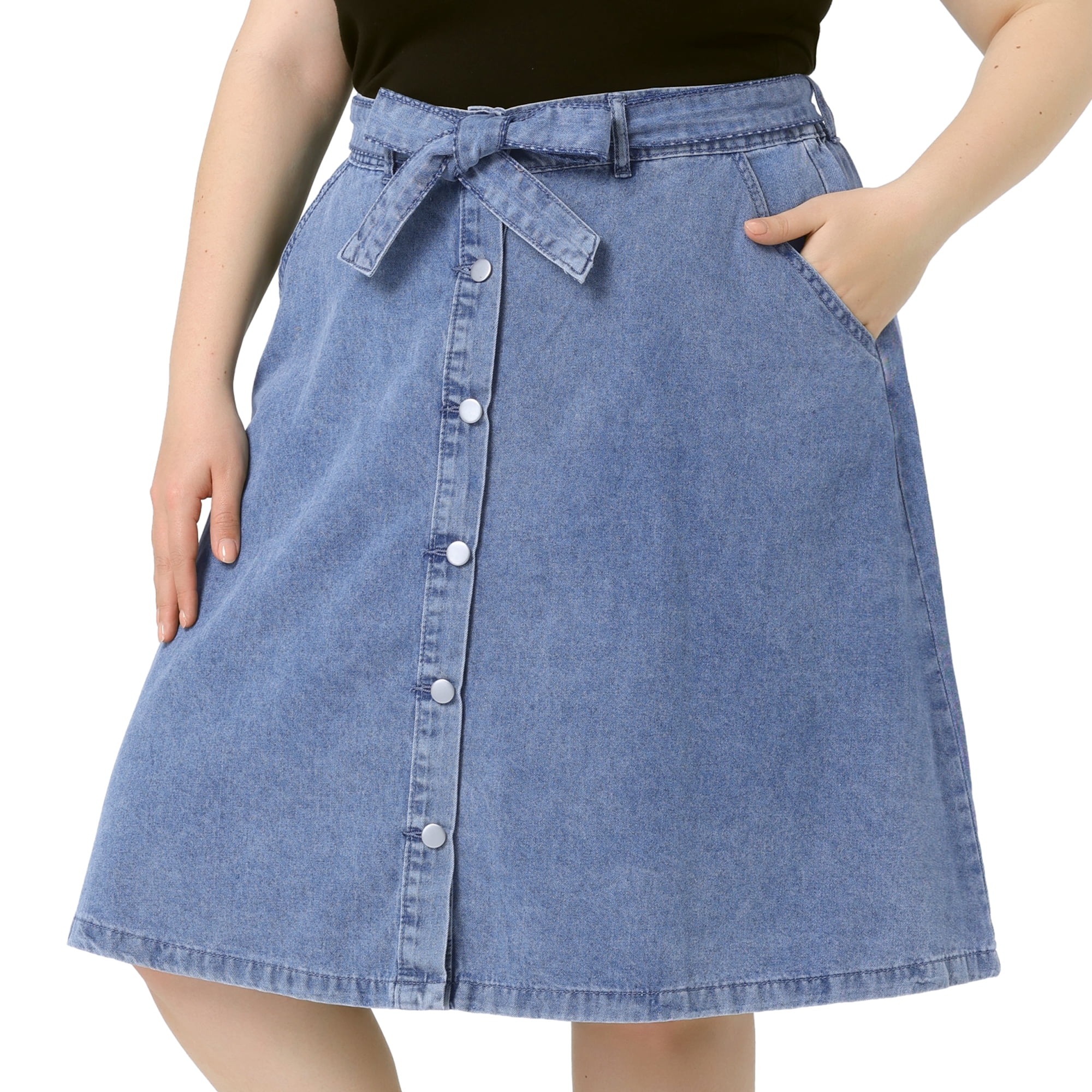 DARING DIVA Women's Plus Outfits Tie Waist Button Front Midi Denim Skirt 2X Grey Blue