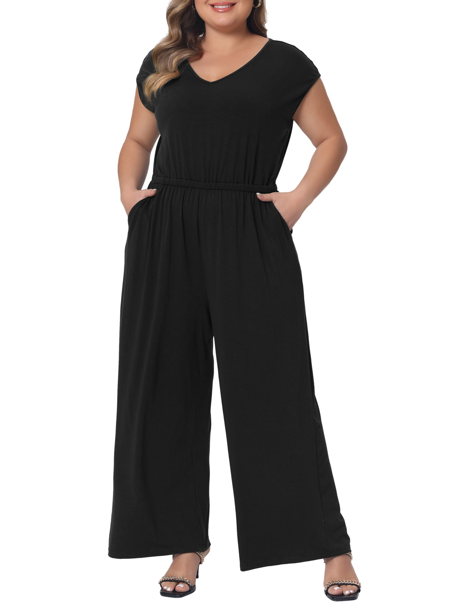 DARING DIVA Women's Plus Overall Rompers with V Neck and Sleeveless Design 4XL Black