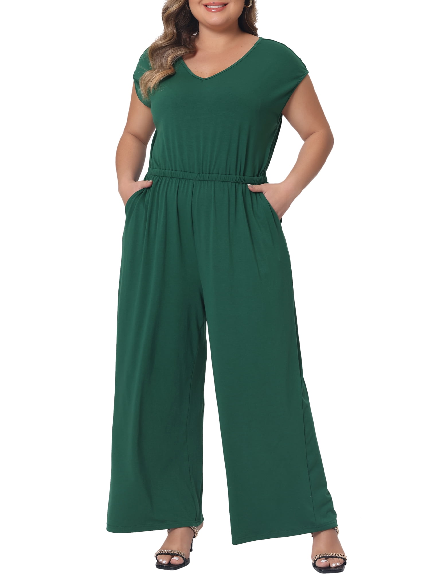 DARING DIVA Women's Plus Overall Rompers with V Neck and Sleeveless Design 4XL Green