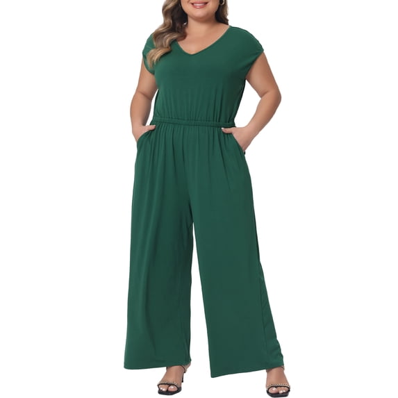DARING DIVA Women's Plus Overall Rompers with V Neck and Sleeveless Design 4XL Green