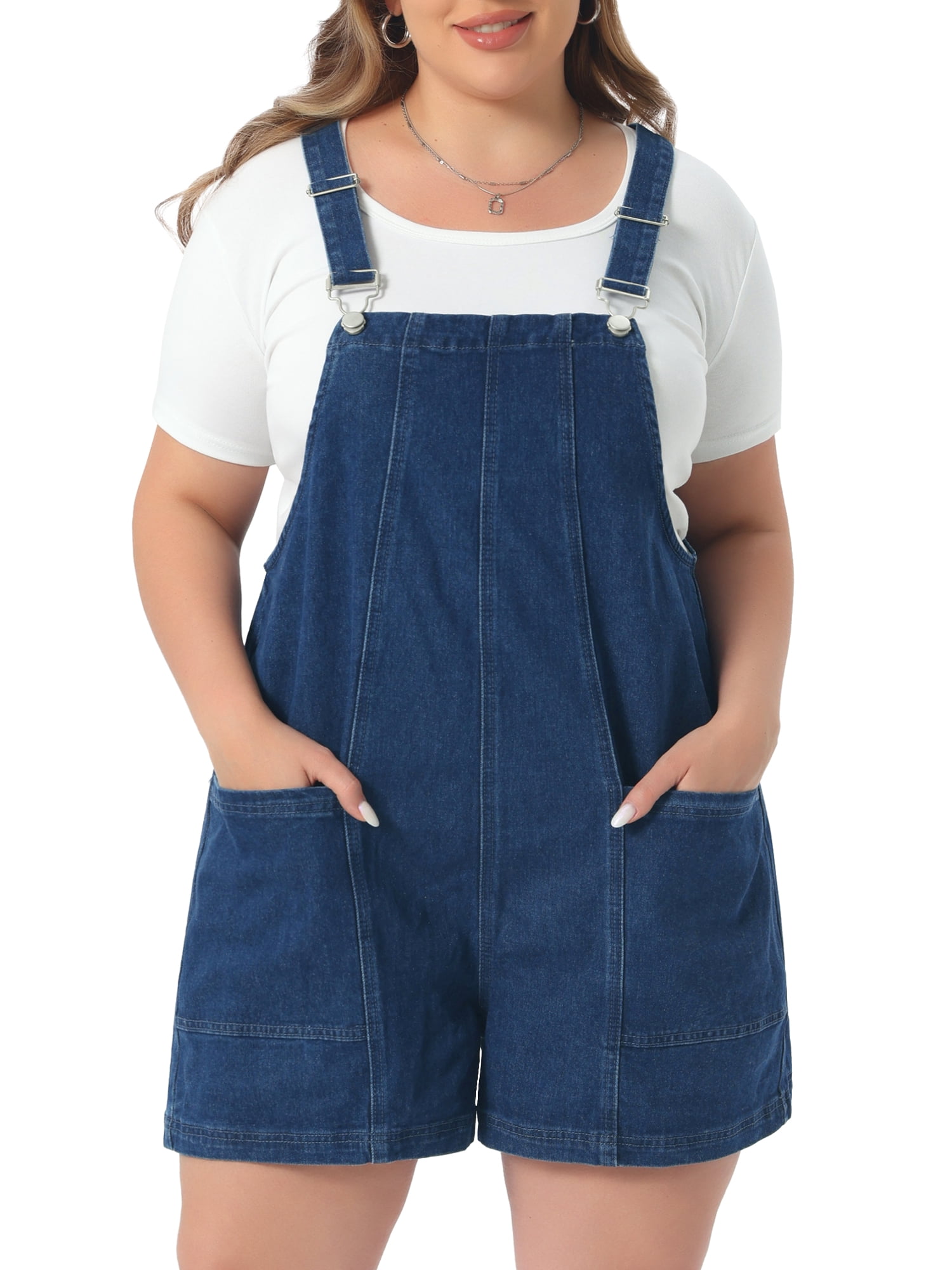 DARING DIVA Women's Plus Overall Shorts with Adjustable Straps and Pockets 1X Dark Blue