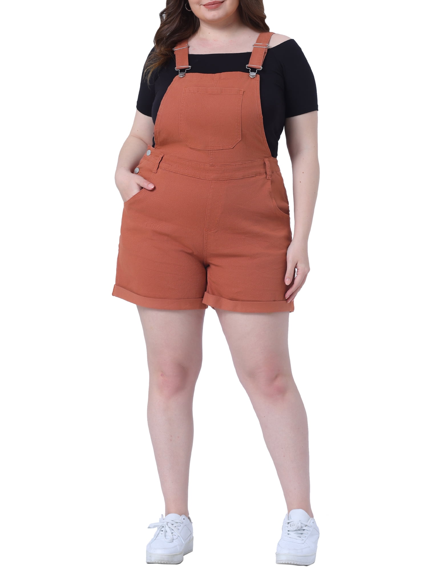 Unique Bargains Women's Plus Size Jumpsuit Roll Hem Pocket Denim Overalls 3X Caramel