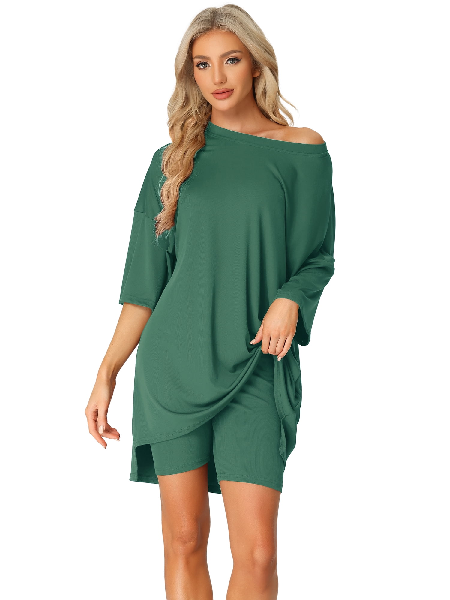 DARING DIVA Women's 2-Piece Plus Size Workout T-Shirt with Biker Shorts Set 2XL Dark Green