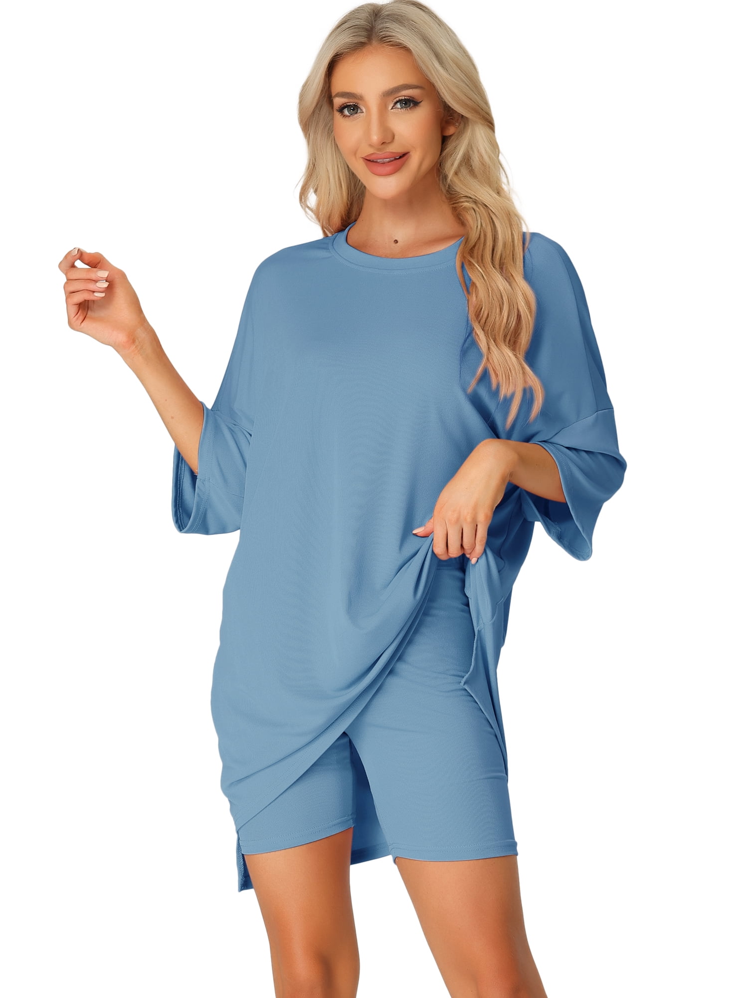 DARING DIVA Women's 2-Piece Plus Size Workout T-Shirt with Biker Shorts Set 2XL Gray Blue