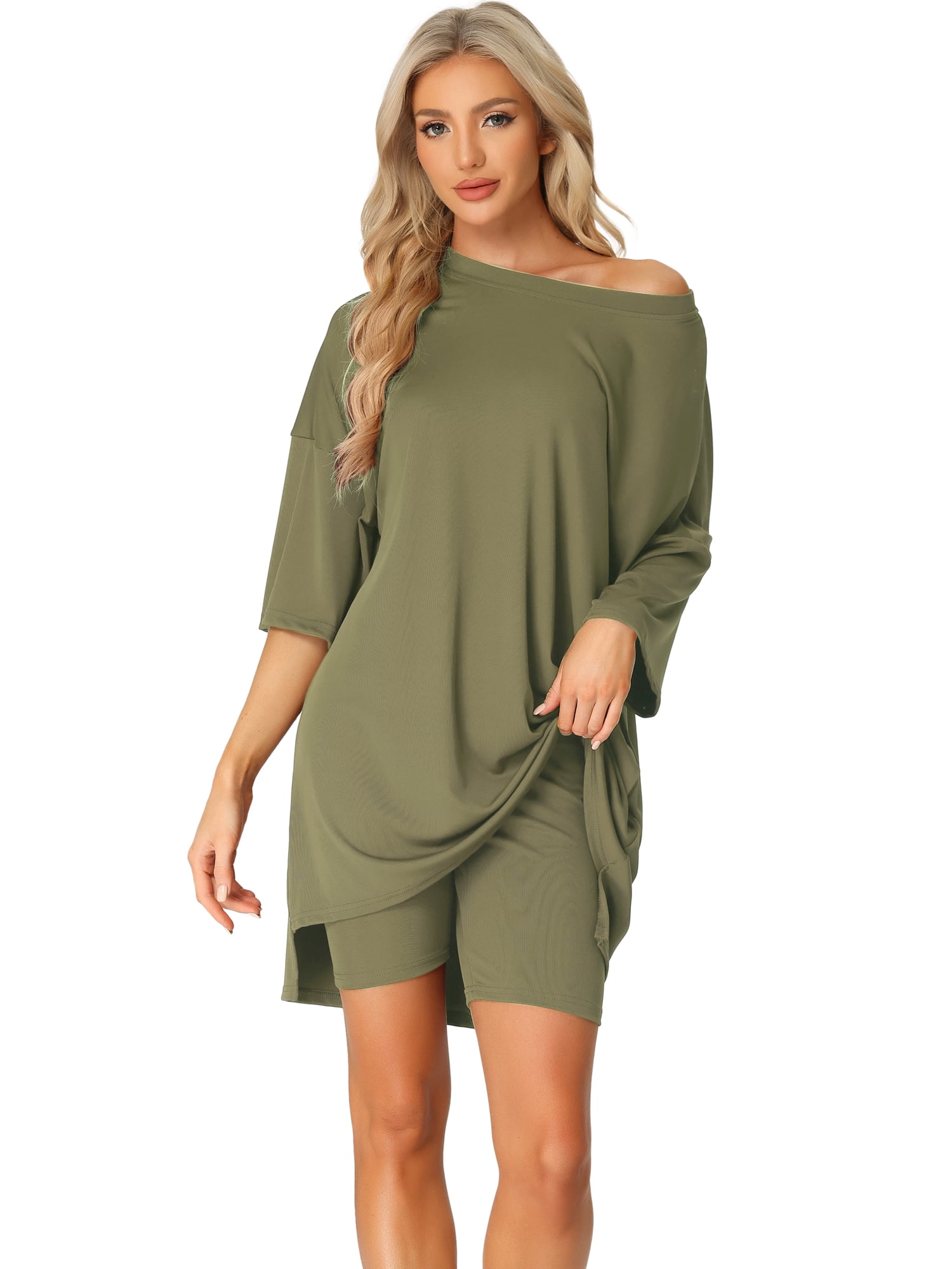 DARING DIVA Women's 2-Piece Plus Size Workout T-Shirt with Biker Shorts Set M Green