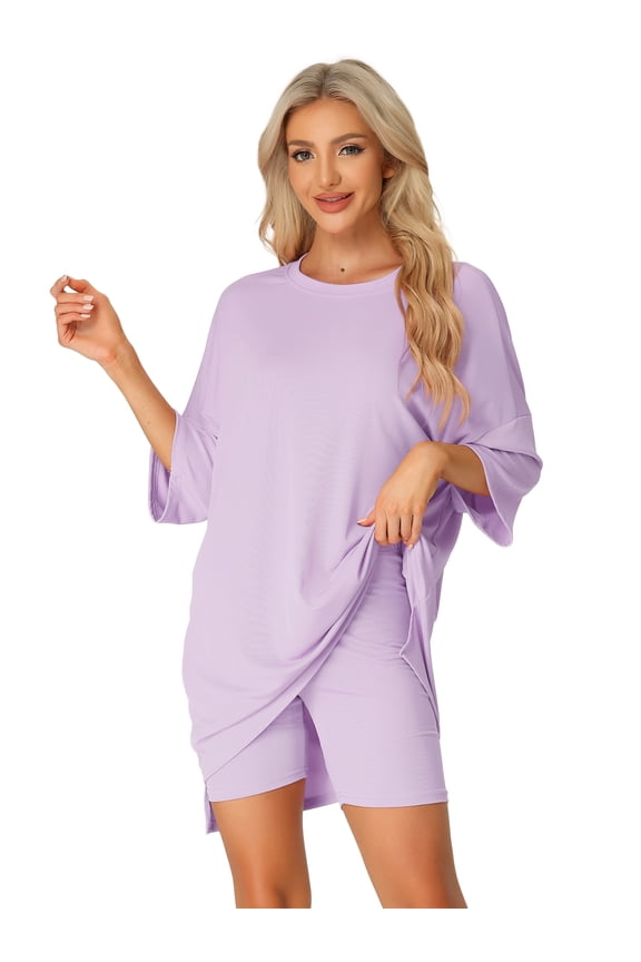 Women's Plus Oversized Lounge Set T-Shirt and Biker Shorts Purple M