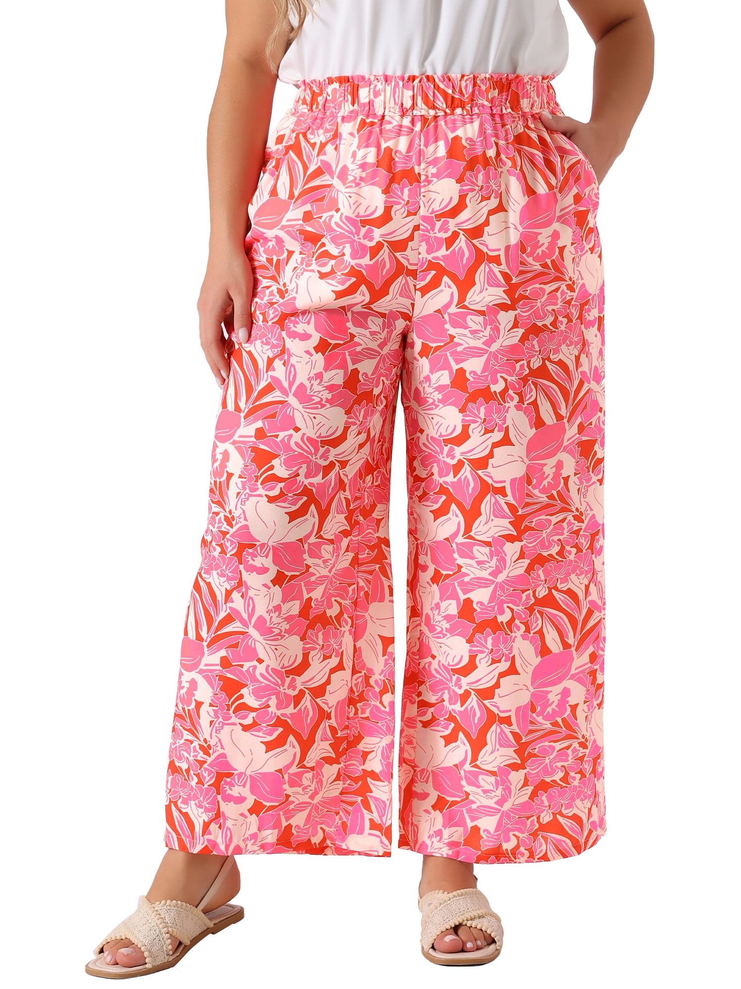 DARING DIVA Women's Plus Palazzo Pants Wide Leg Trousers with Pocket 2X Pink