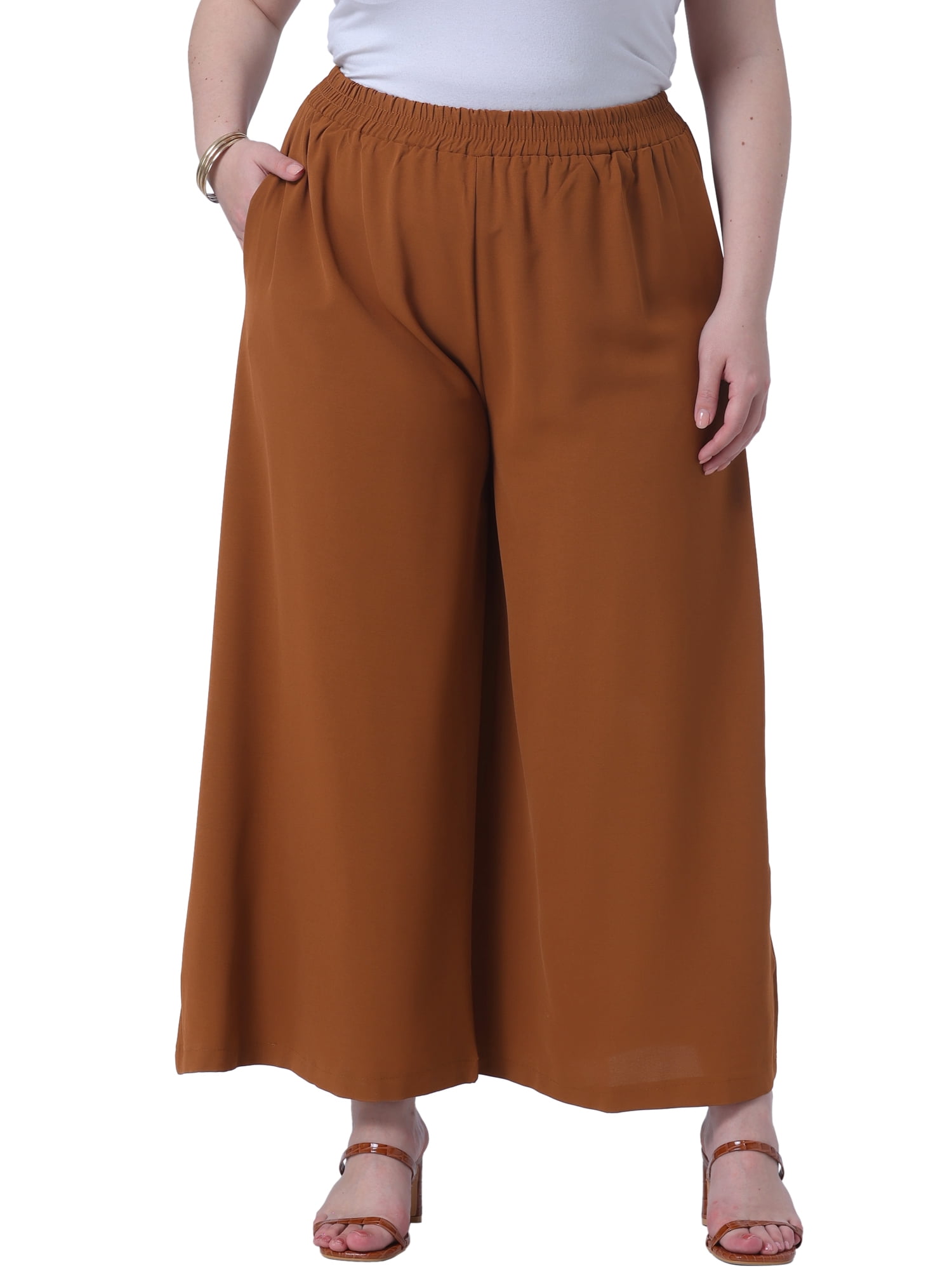 DARING DIVA Women's Plus Palazzo Pants Wide Leg with Pockets Summer Pants 5X Brown