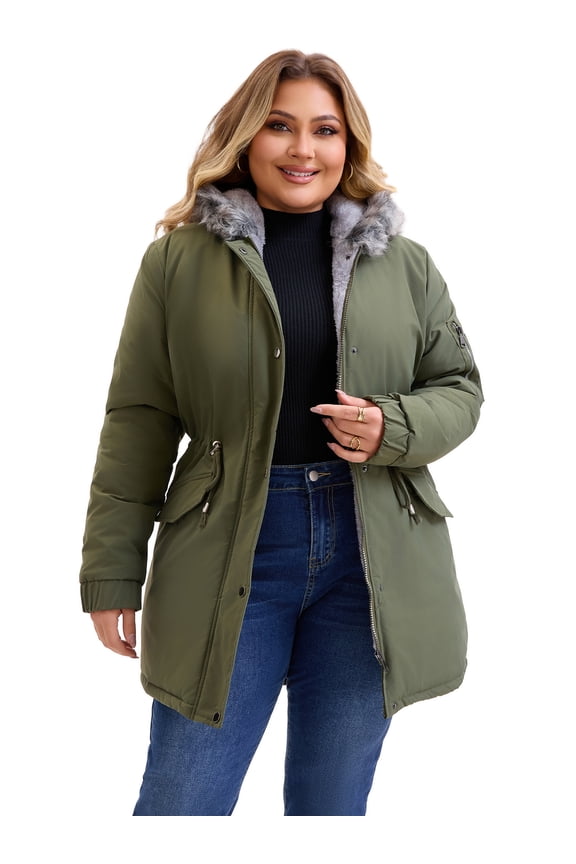 Women's Plus Parka Jacket Fleece Lined Zipper Coat Army Green 1X