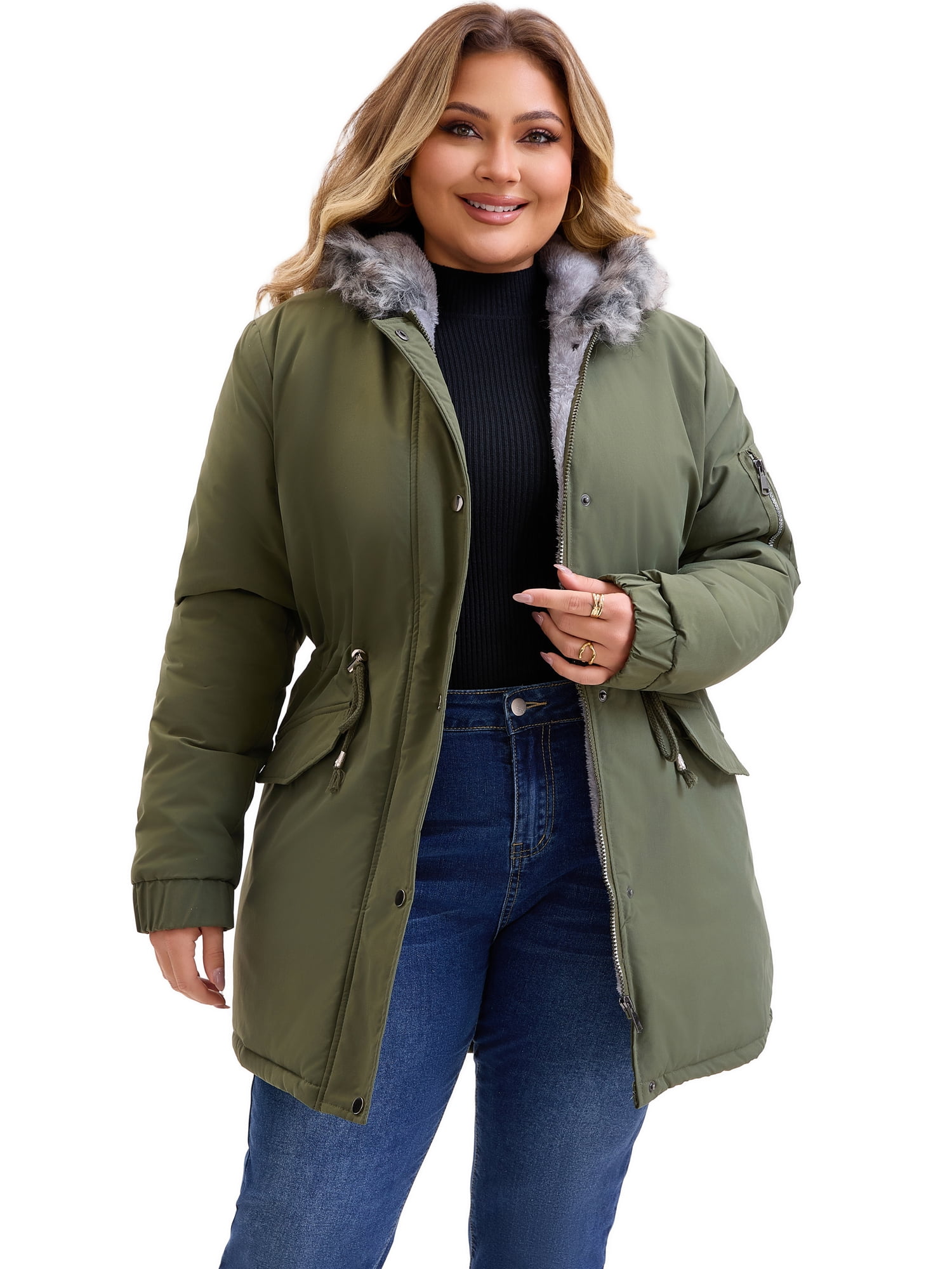 DARING DIVA Women's Plus Parka Jacket Fleece Lined Zipper Coat Army Green 4X