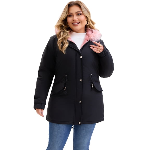 DARING DIVA Women's Plus Parka Jacket Fleece Lined Zipper Coat Black Pink 1X