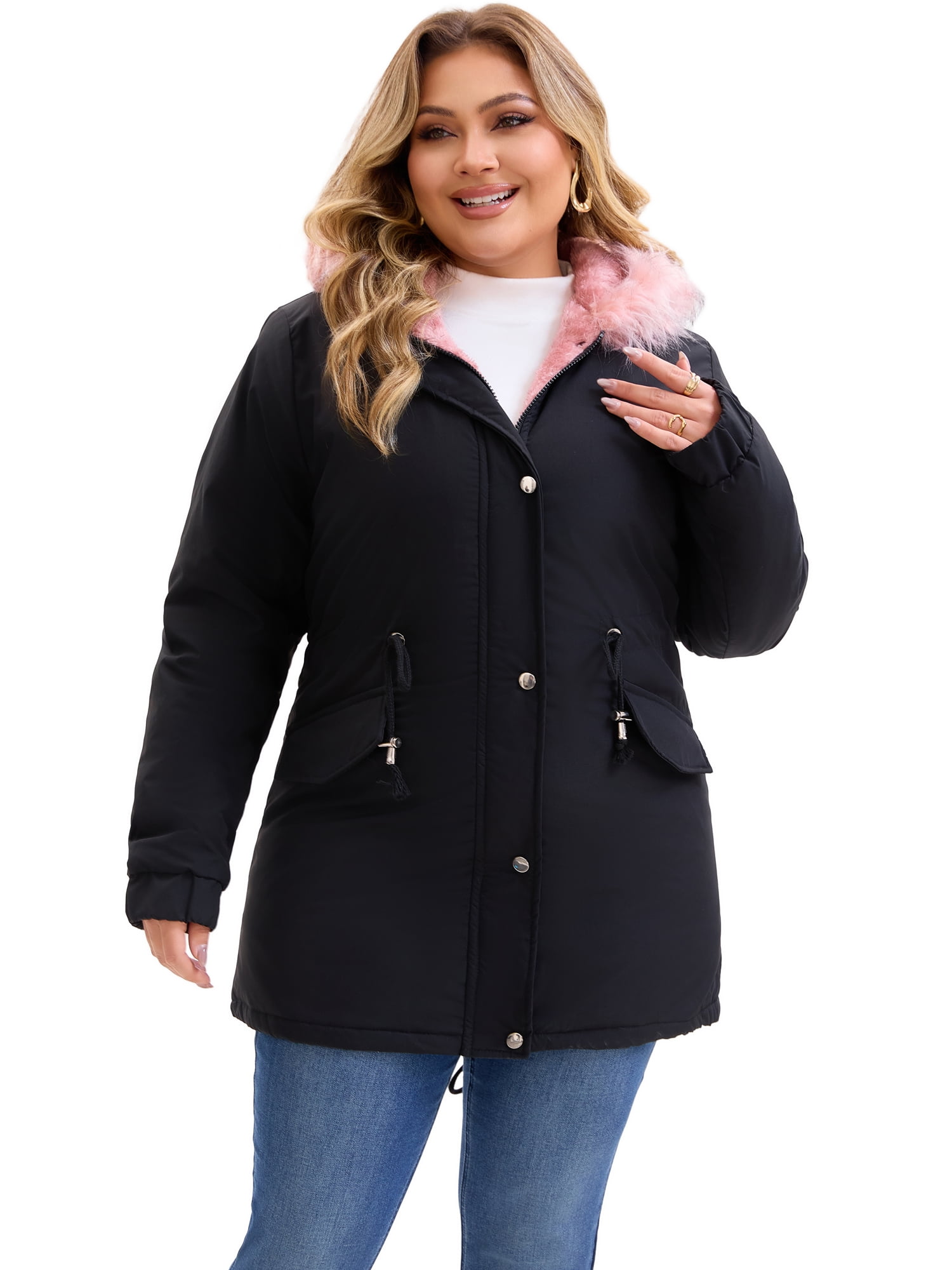 DARING DIVA Women's Plus Parka Jacket Fleece Lined Zipper Coat Black Pink 3X