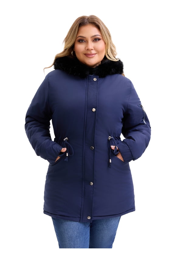Women's Plus Parka Jacket Fleece Lined Zipper Coat Navy Blue 2X