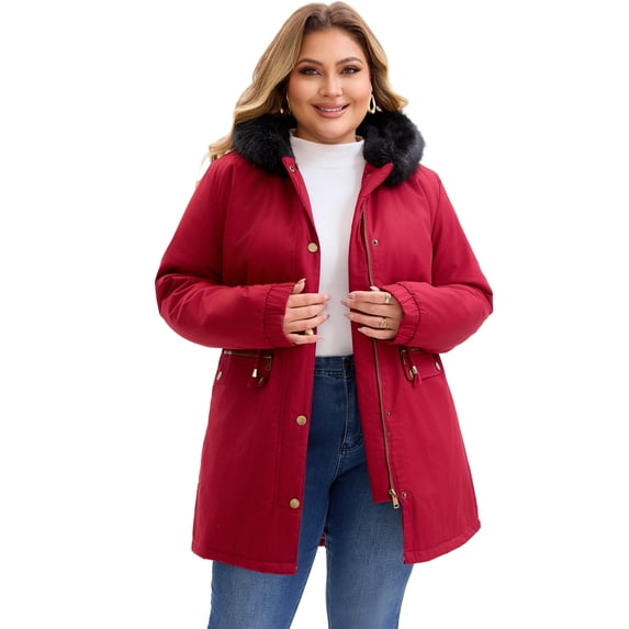 DARING DIVA Women's Plus Parka Jacket Zipper Up Fleece Windbreaker with Pocket 1X Burgundy