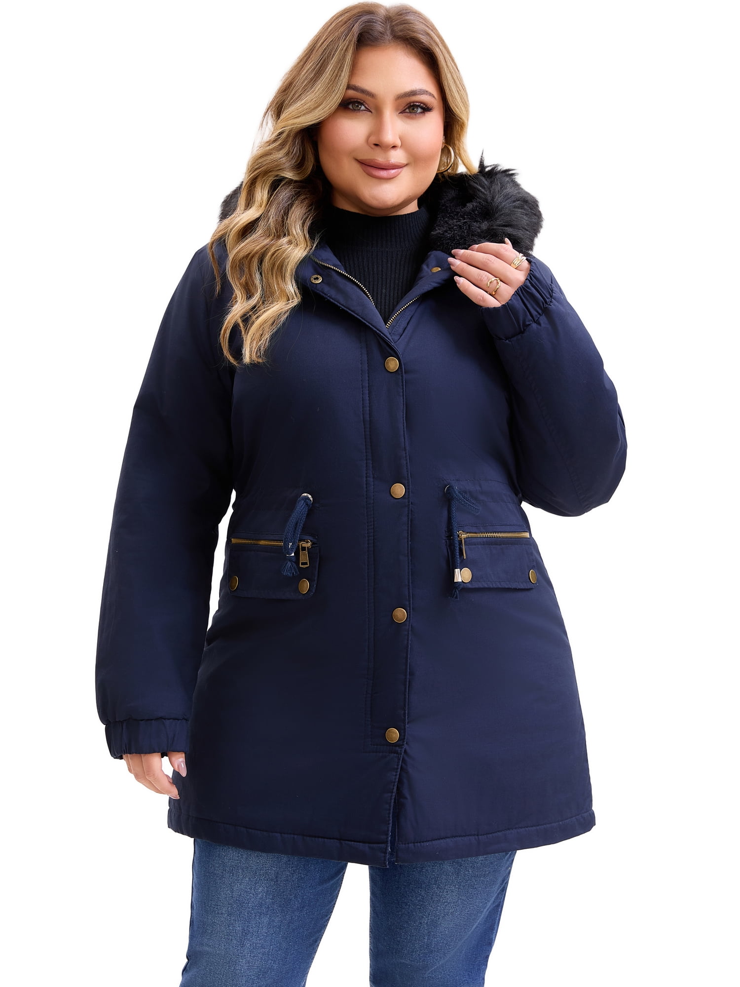 DARING DIVA Women's Plus Parka Jacket Zipper Up Fleece Windbreaker with Pocket 2X Blue
