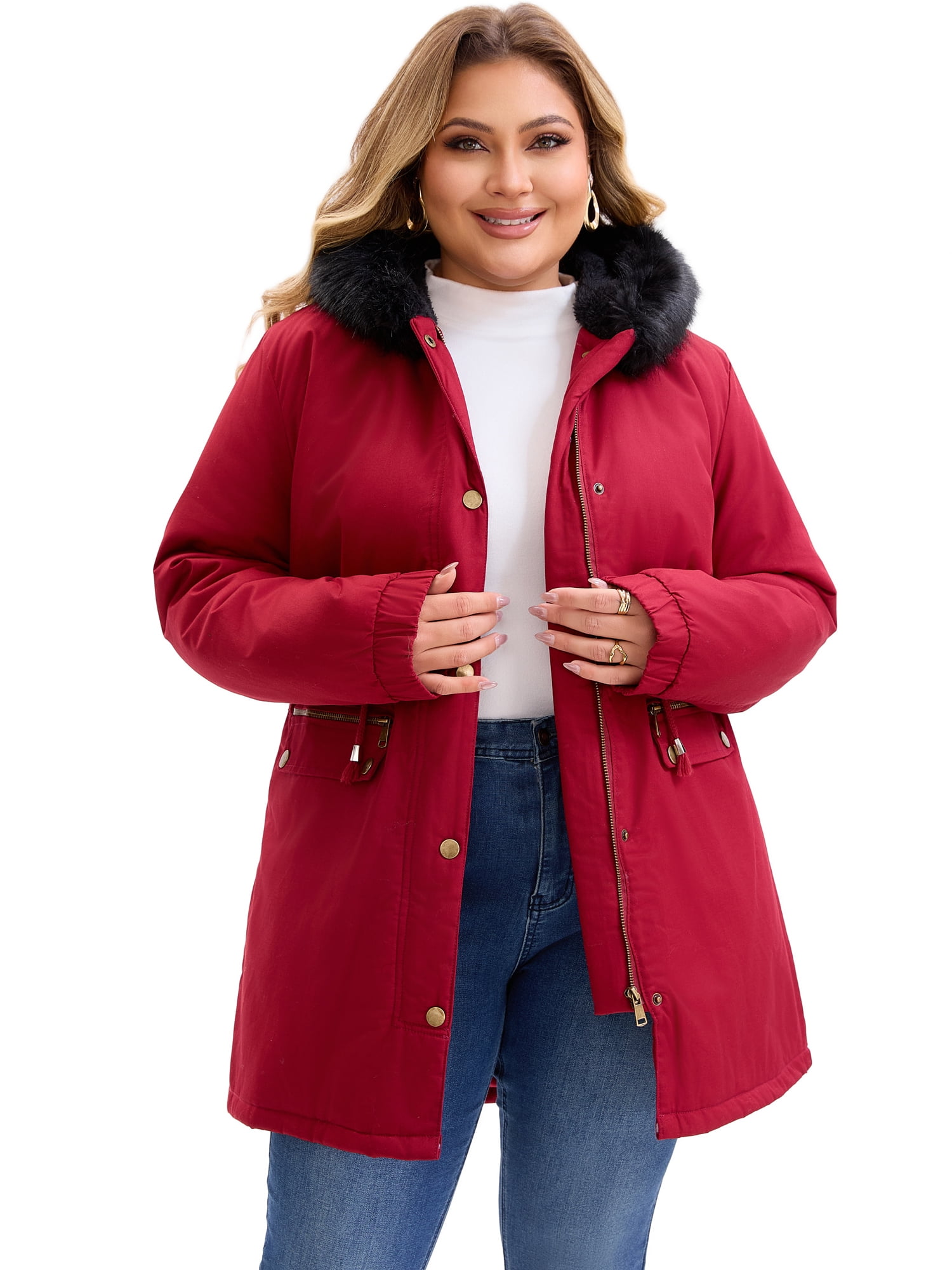 DARING DIVA Women's Plus Parka Jacket Zipper Up Fleece Windbreaker with Pocket 3X Burgundy