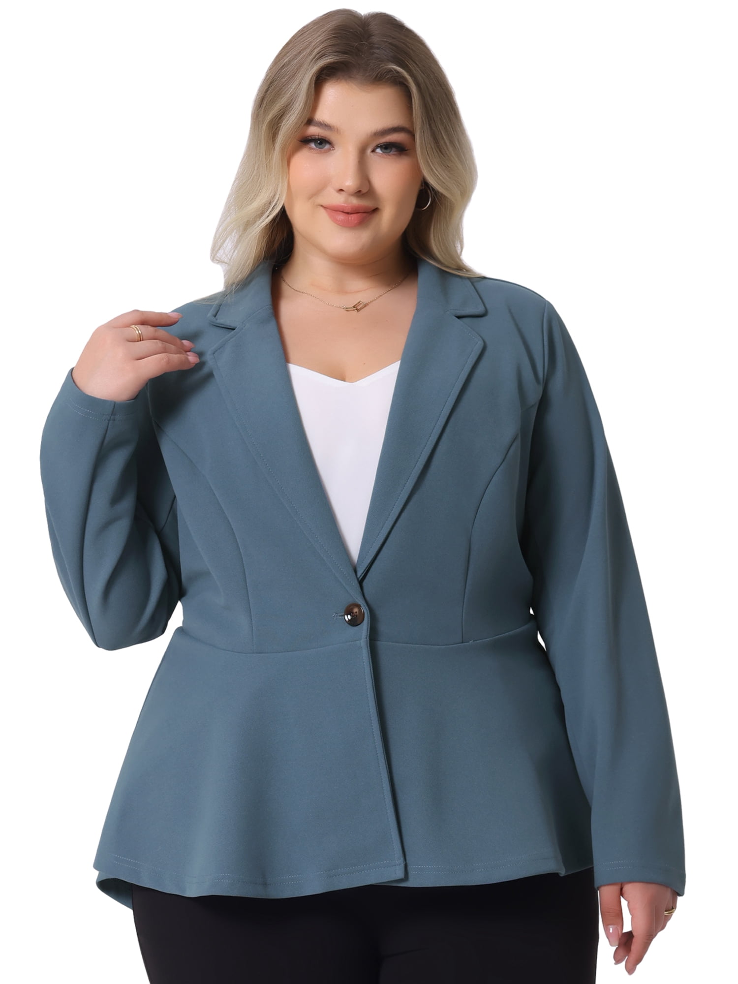 Women's Plus Size Blazer Notch Panel Work Business Casual Suit Jacket 3X Grey Blue