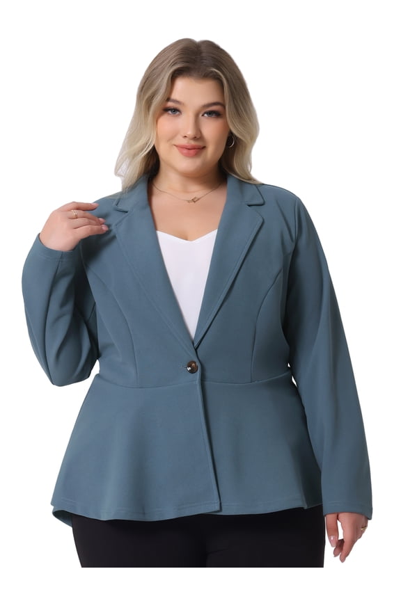 DARING DIVA Women's Plus Peplum Notch Panel Collar Casual Blazers Grey Blue 3X