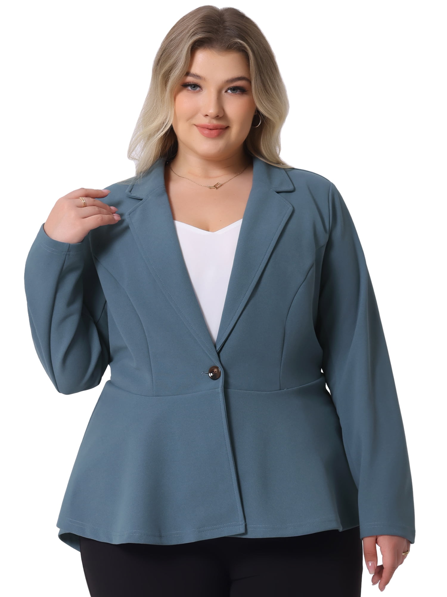 Women's Plus Size Blazer Notch Panel Work Business Casual Suit Jacket 4X Grey Blue