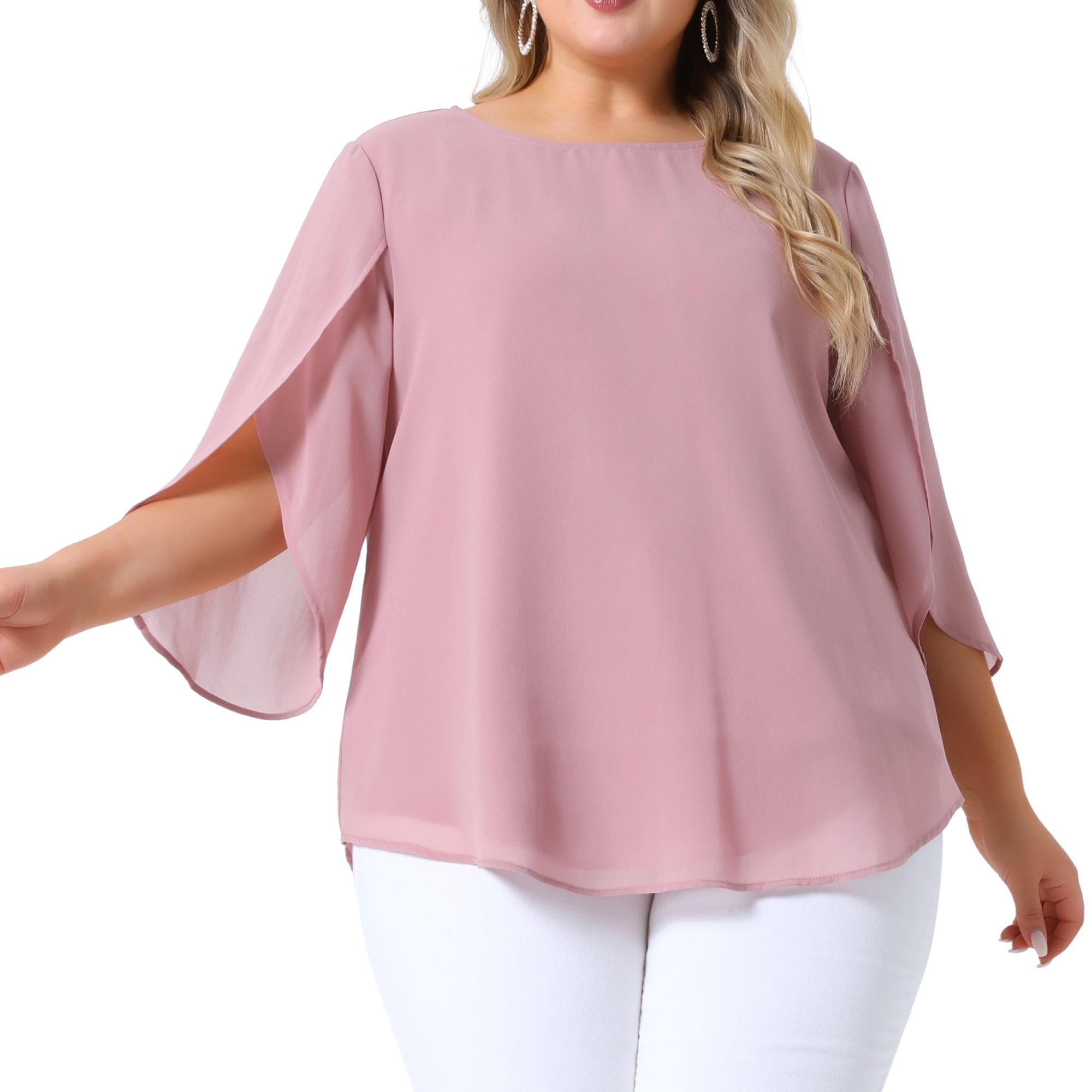 Women's Plus Blouses with Flutter Petal Half Sleeve Chiffon Top 1X Pink