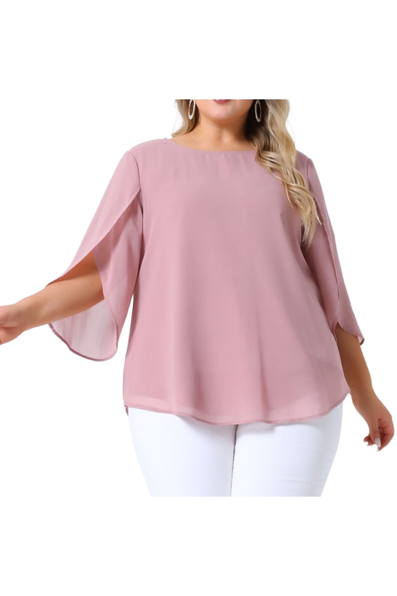 Women's Plus Petal Sleeve Chiffon Flowy Blouse 1X Pink