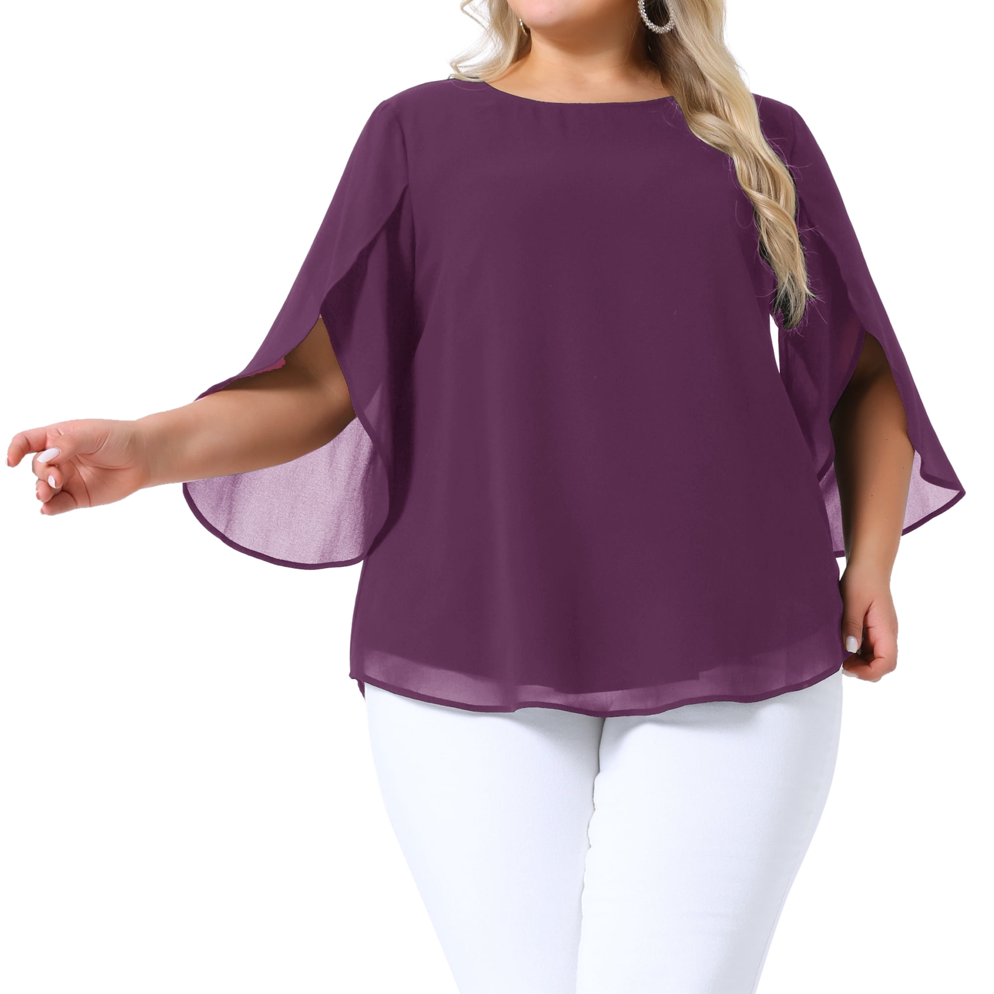 Women's Plus Blouses with Flutter Petal Half Sleeve Chiffon Top 2X Dark Purple