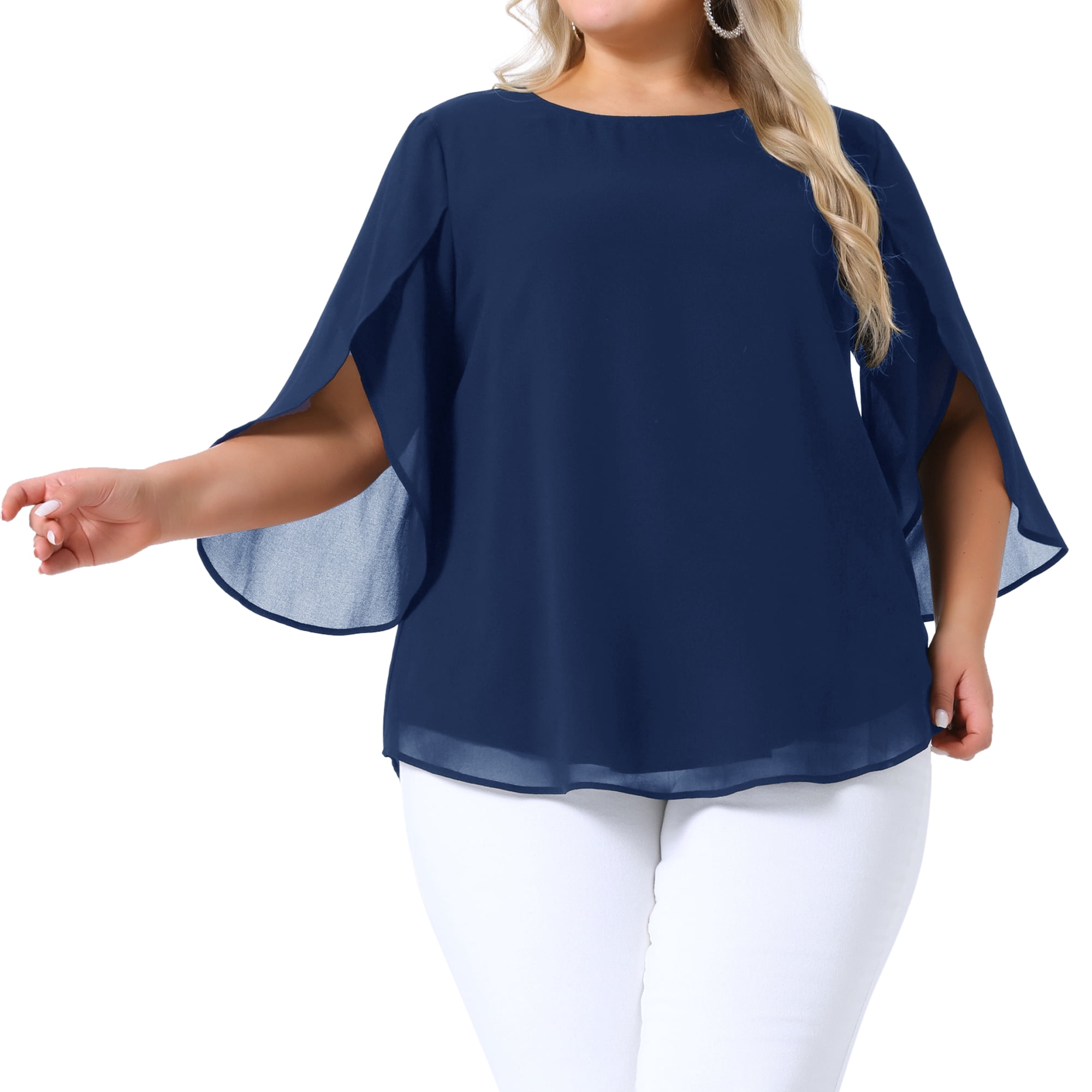 Women's Plus Blouses with Flutter Petal Half Sleeve Chiffon Top 3X Navy Blue