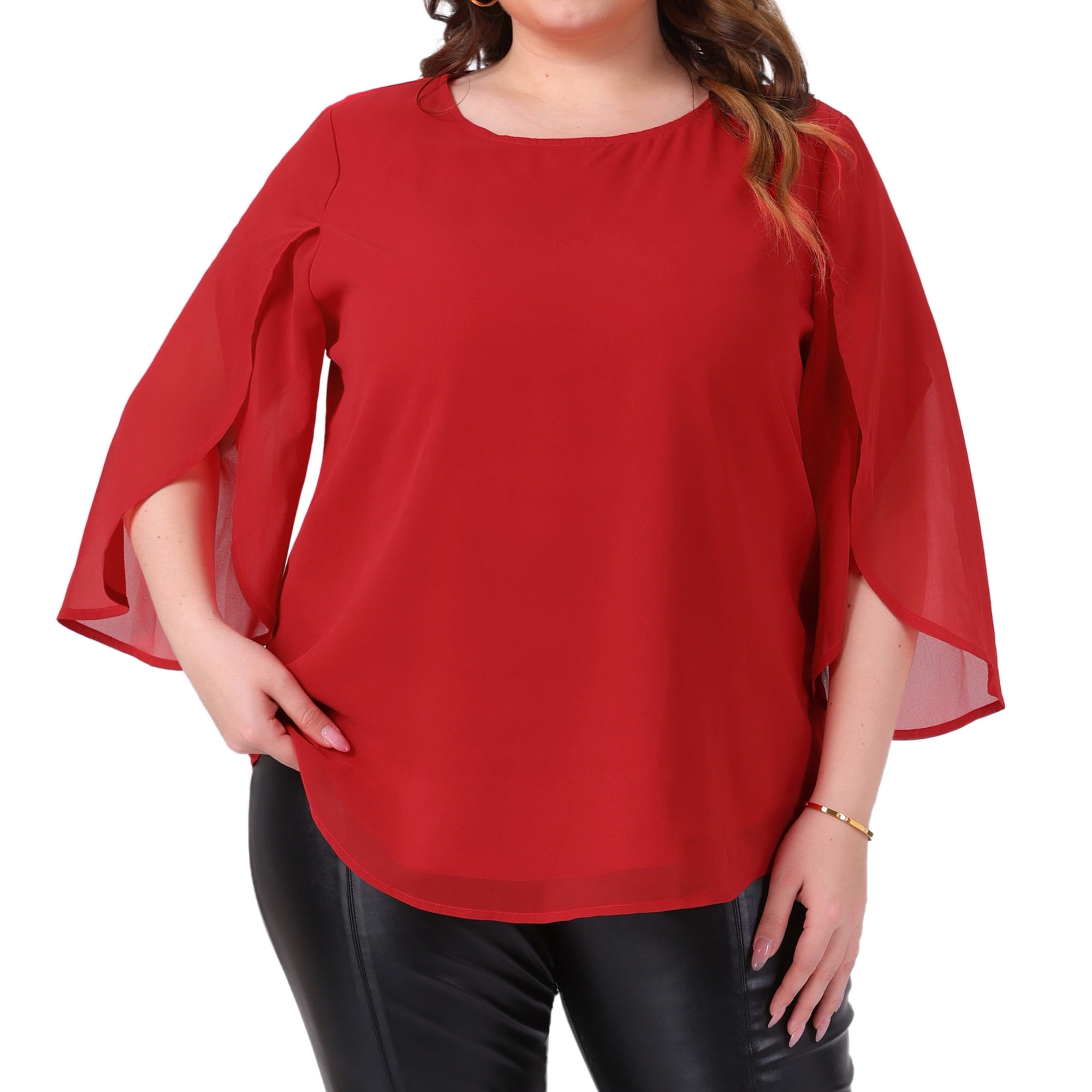 Women's Plus Blouses with Flutter Petal Half Sleeve Chiffon Top 4X Red