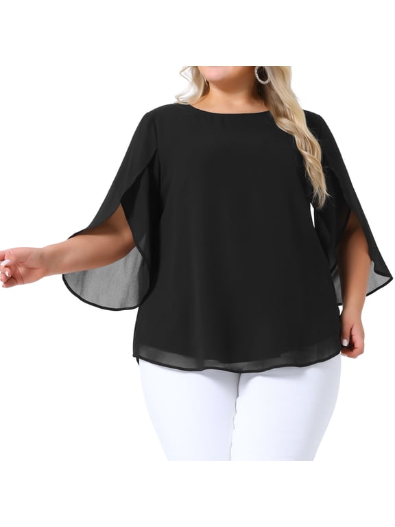 Women's Plus Blouses with Flutter Petal Half Sleeve Chiffon Top 6X Black