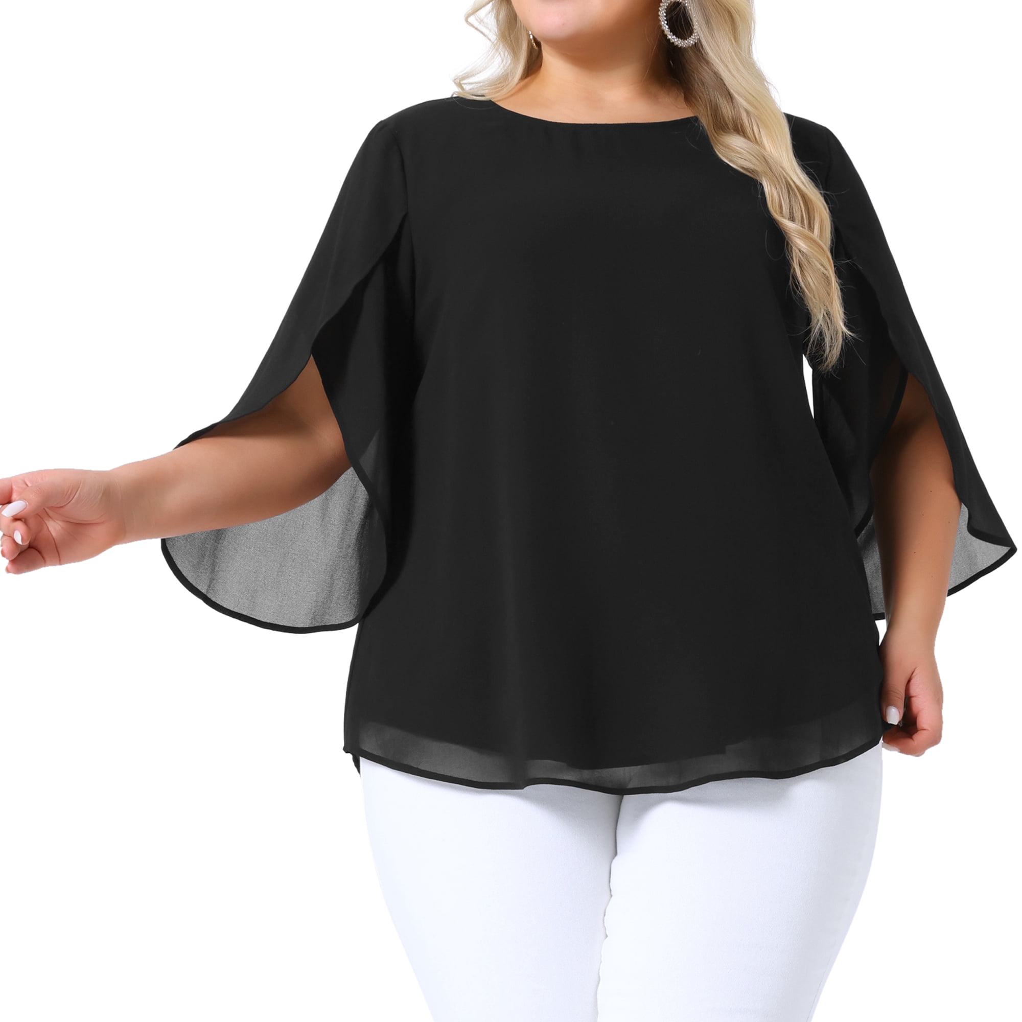Women's Plus Blouses with Flutter Petal Half Sleeve Chiffon Top L Black