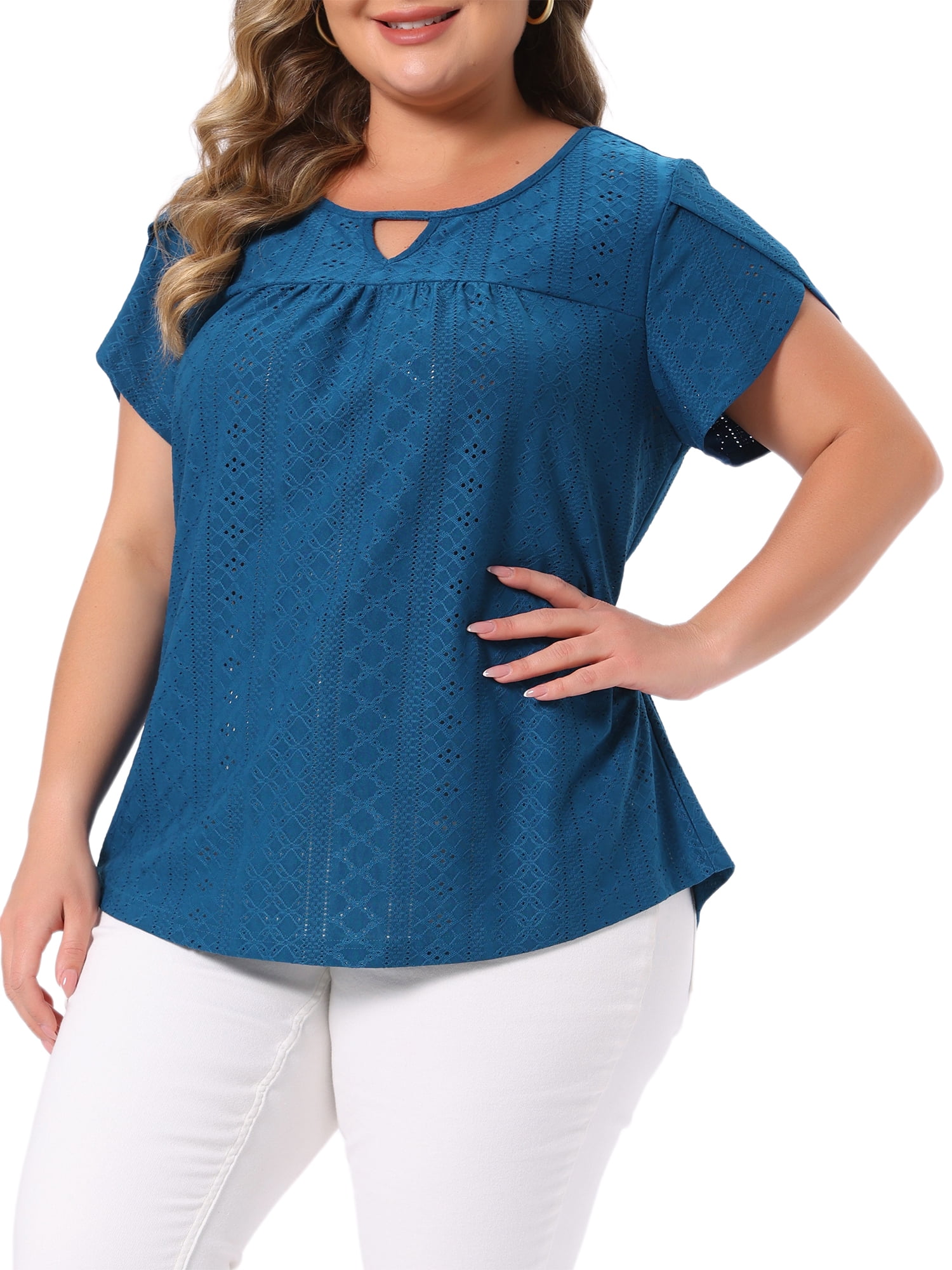 DARING DIVA Women's Plus Petal Sleeve Keyhole Neck Loose Fit Casual Top 2X Peacock Blue