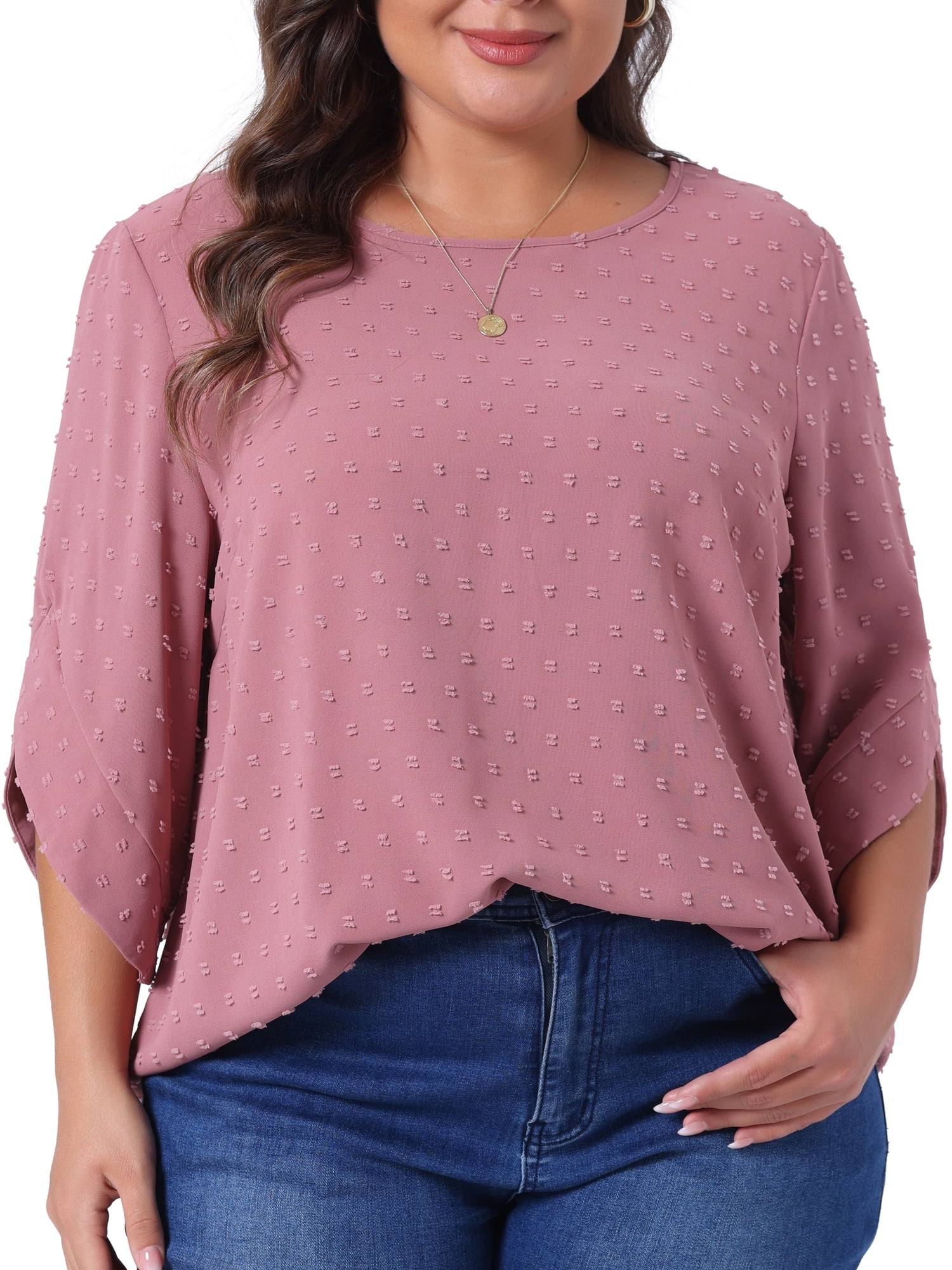 DARING DIVA Women's Plus Petal Sleeve Swiss Dots Blouse T-Shirt Tops 1X Dark Pink