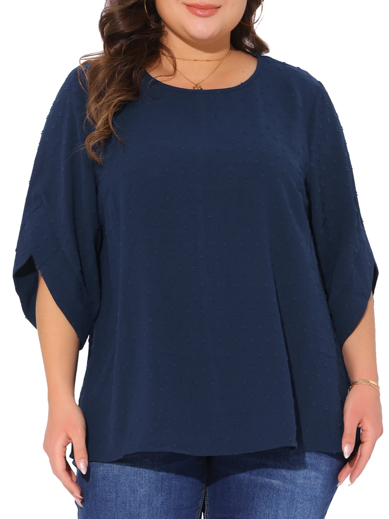 DARING DIVA Women's Plus Petal Sleeve Swiss Dots Blouse T-Shirt Tops 1X Navy Blue