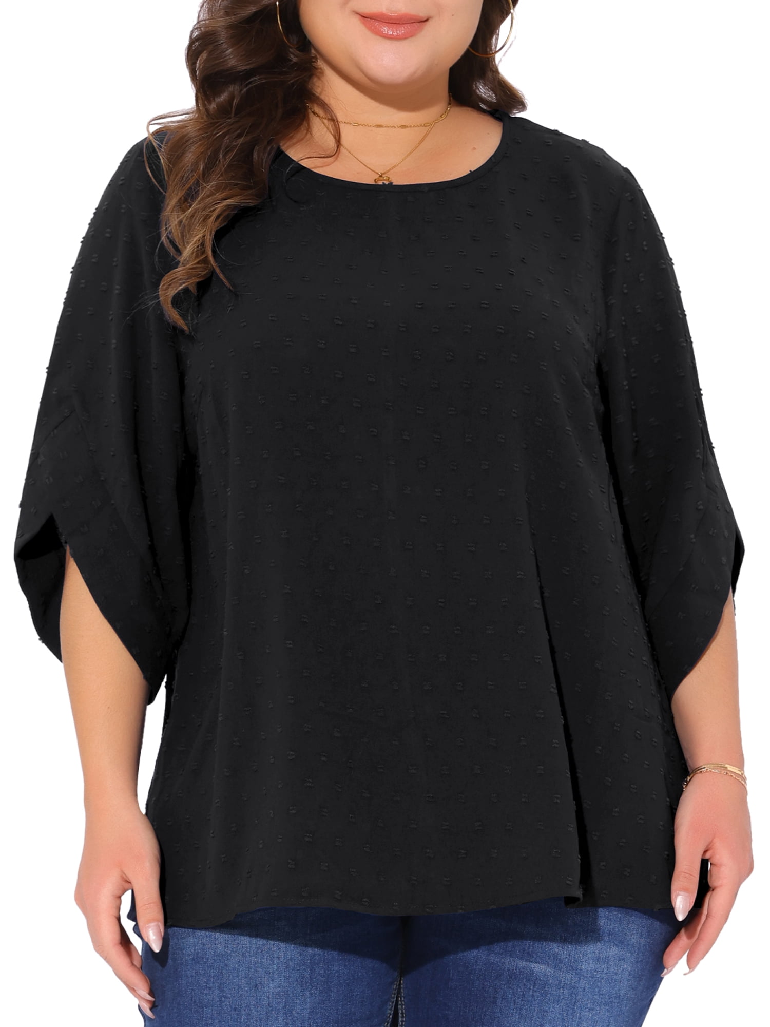 DARING DIVA Women's Plus Petal Sleeve Swiss Dots Blouse T-Shirt Tops 2X Black