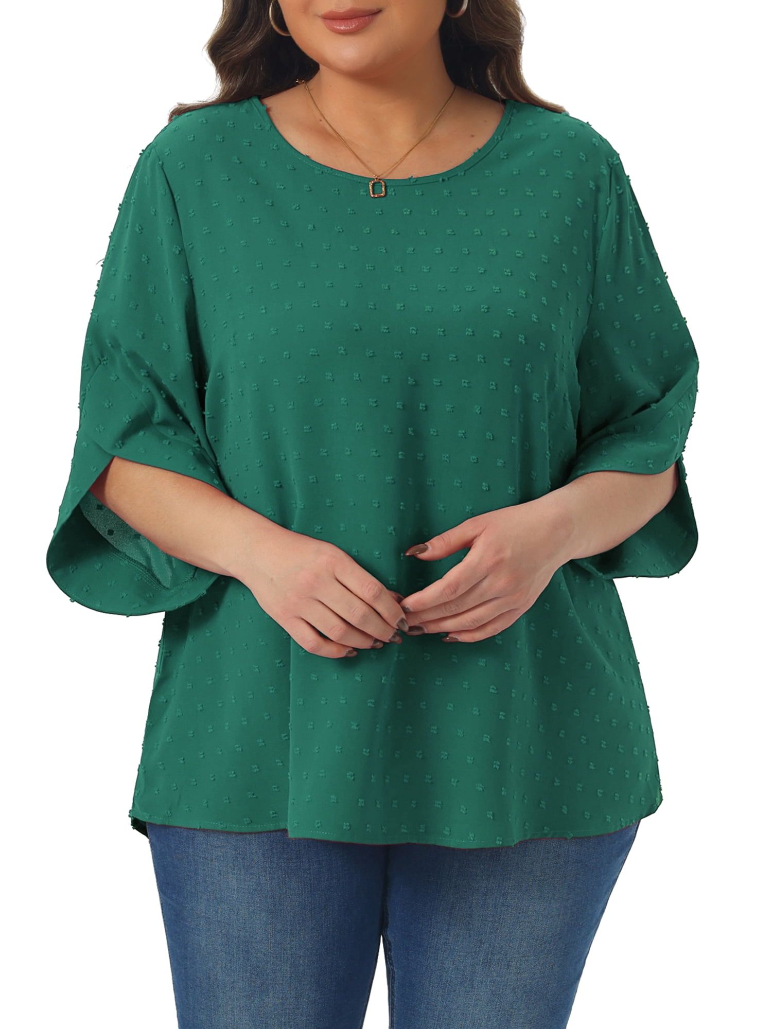 DARING DIVA Women's Plus Petal Sleeve Swiss Dots Blouse T-Shirt Tops 2X Dark Green